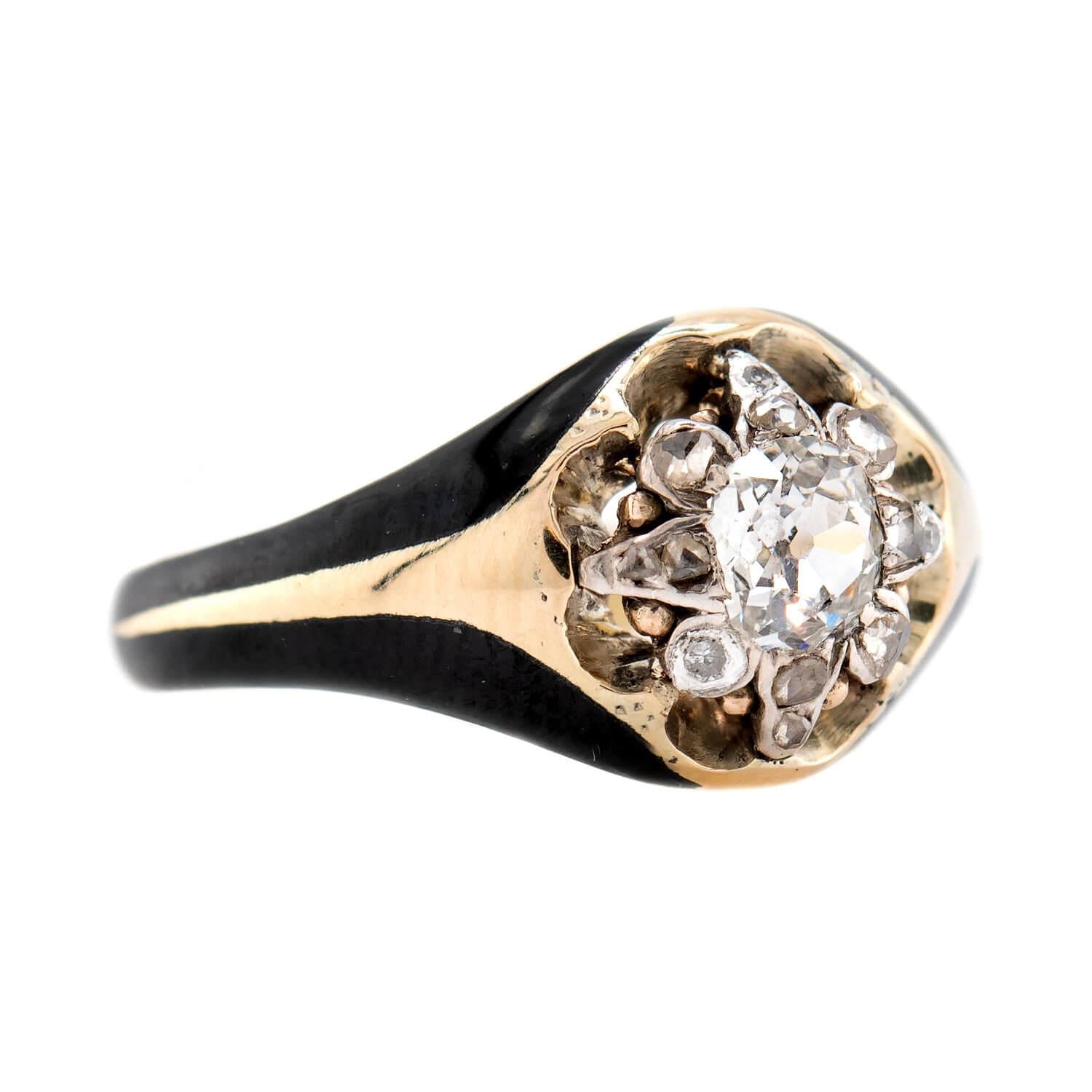 Victorian Russian 14k Diamond and Enamel Cluster Ring