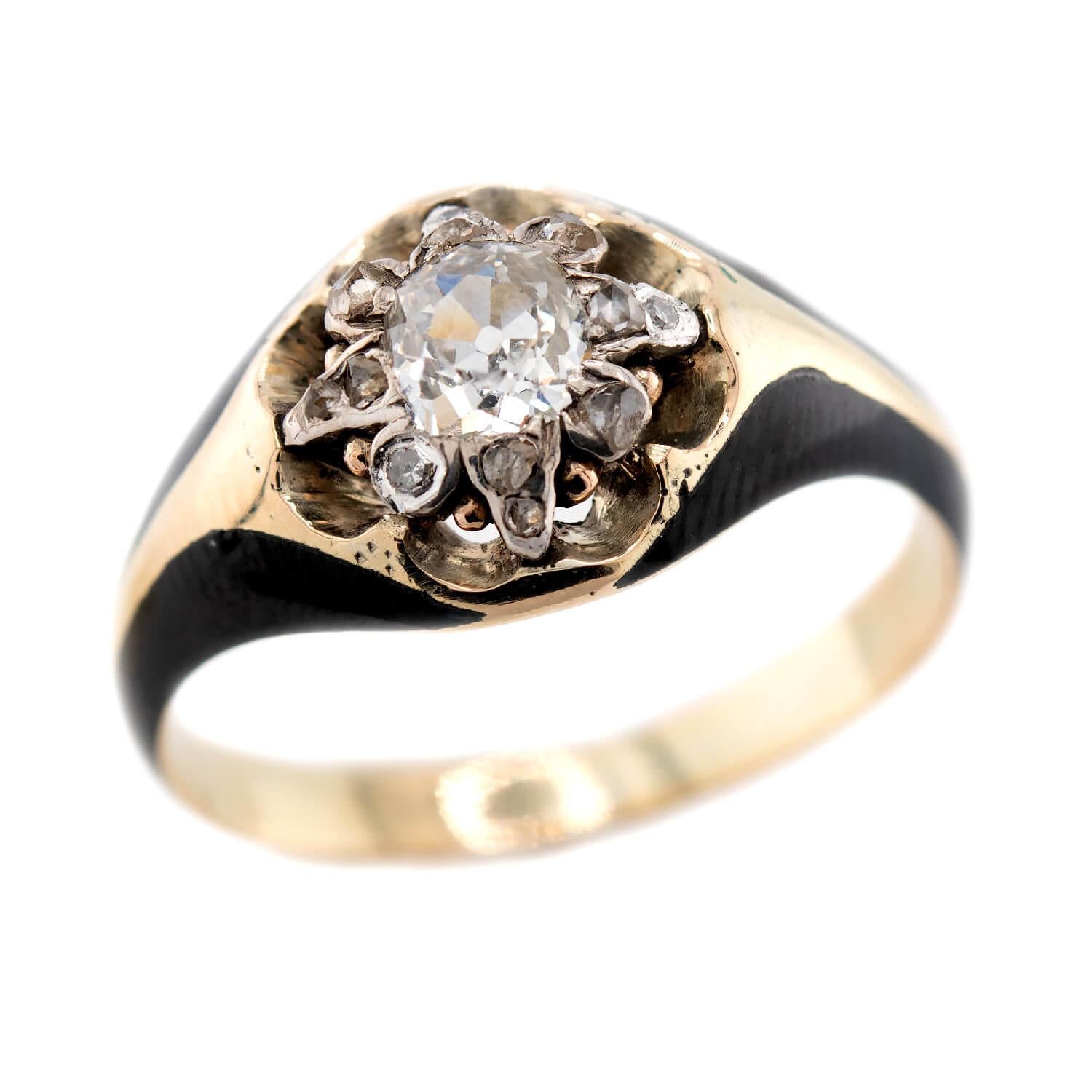 Victorian Russian 14k Diamond and Enamel Cluster Ring