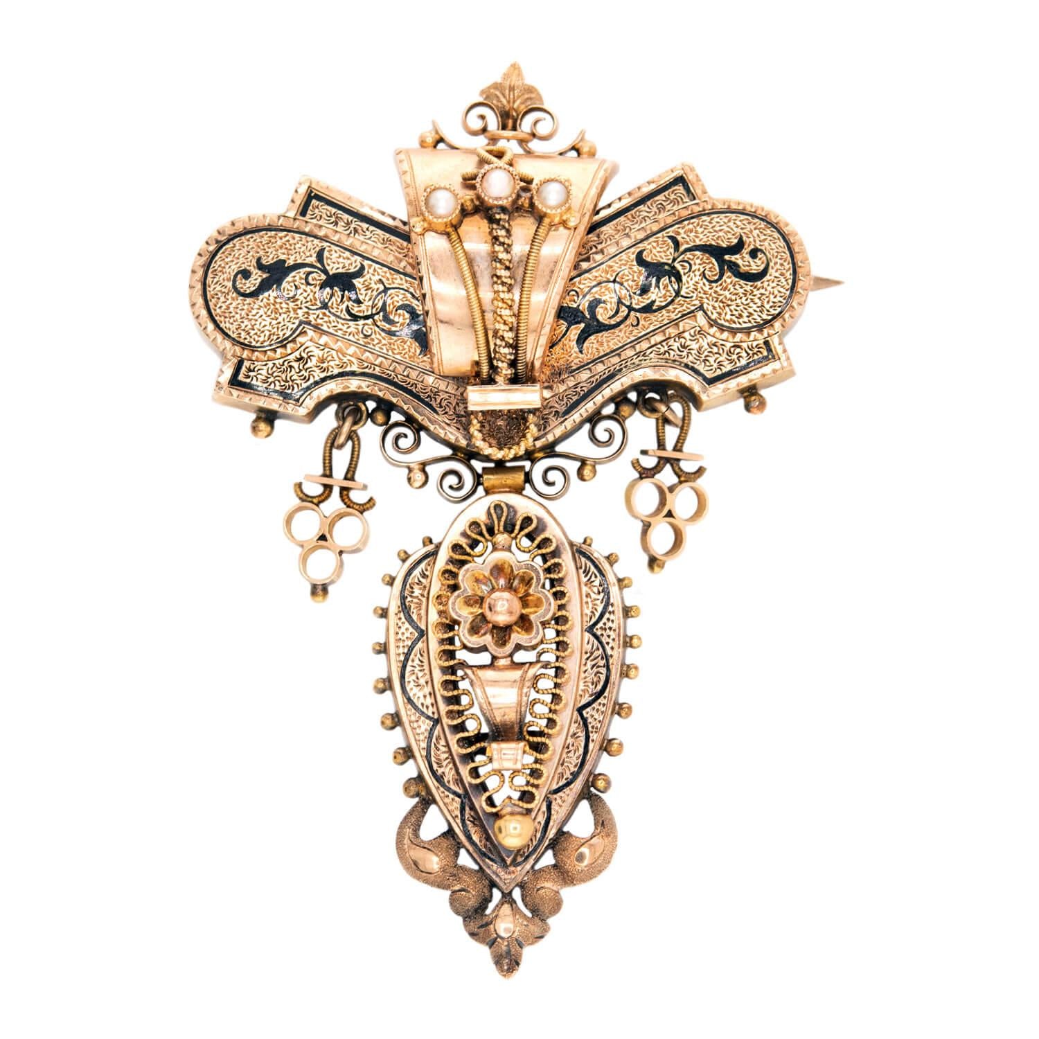 Victorian 14k Etruscan Enamel & Pearl Pin/Pendant