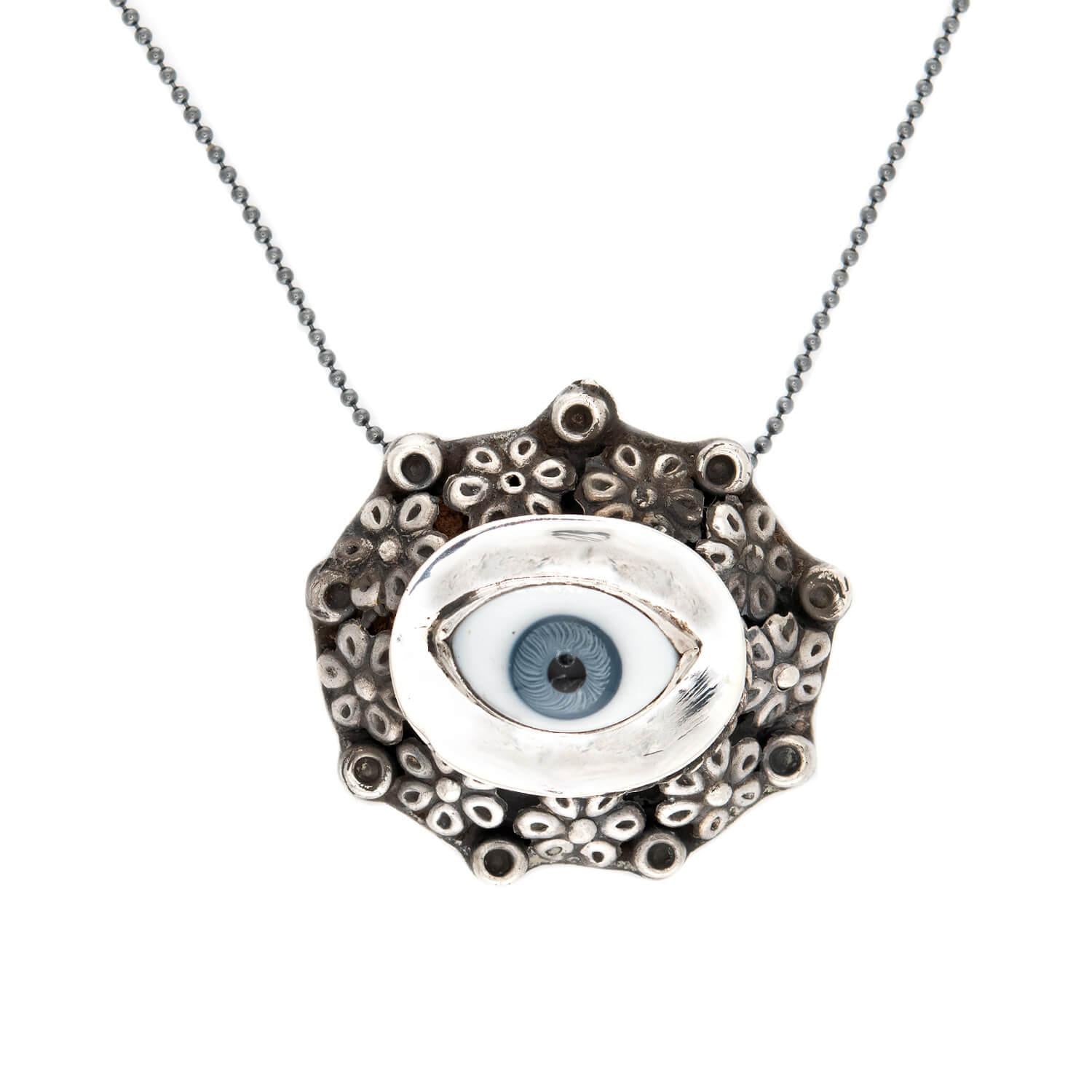 Retro Mexican Sterling Silver and Porcelain Evil Eye Pendant Necklace