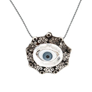 Retro Mexican Sterling Silver and Porcelain Evil Eye Pendant Necklace