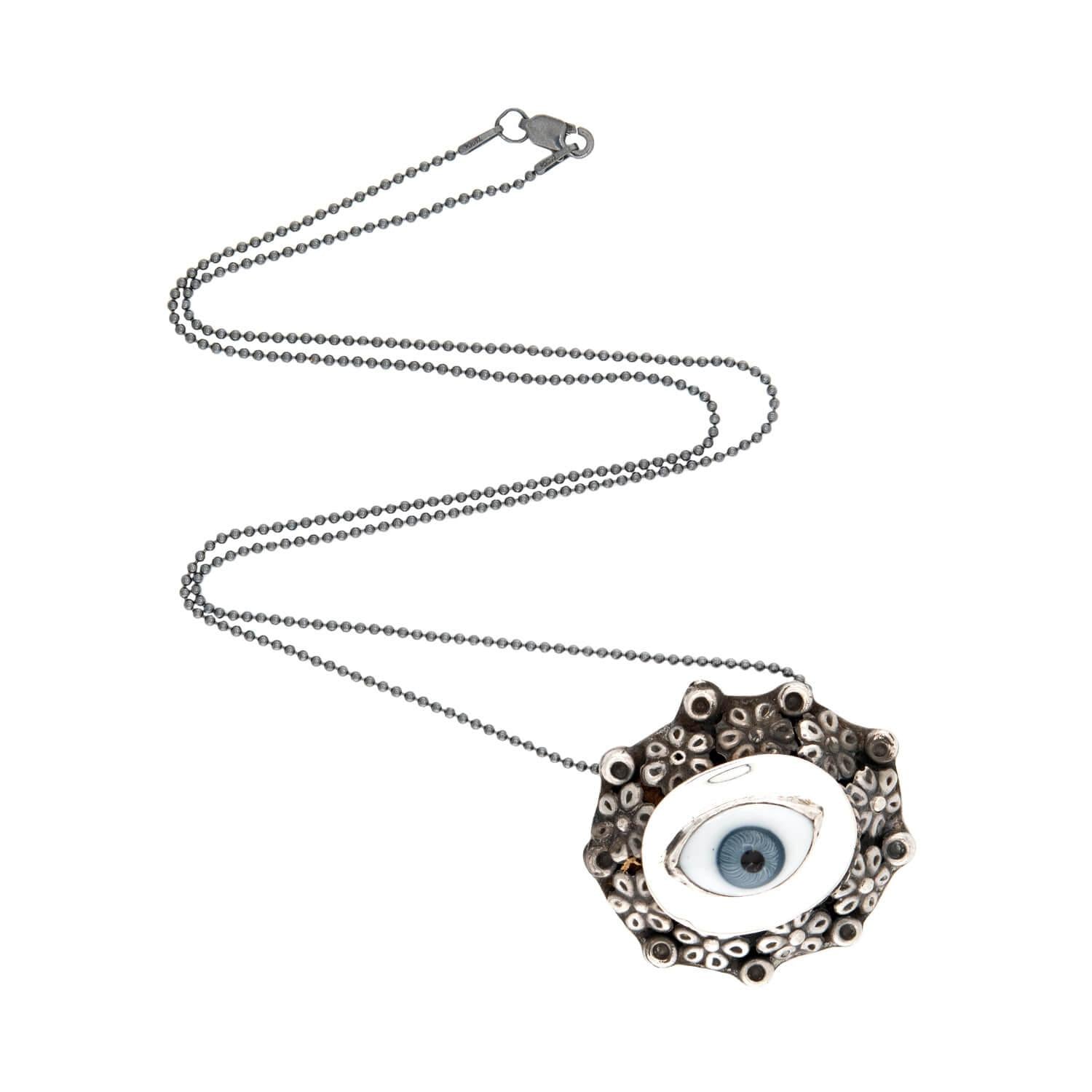 Retro Mexican Sterling Silver and Porcelain Evil Eye Pendant Necklace