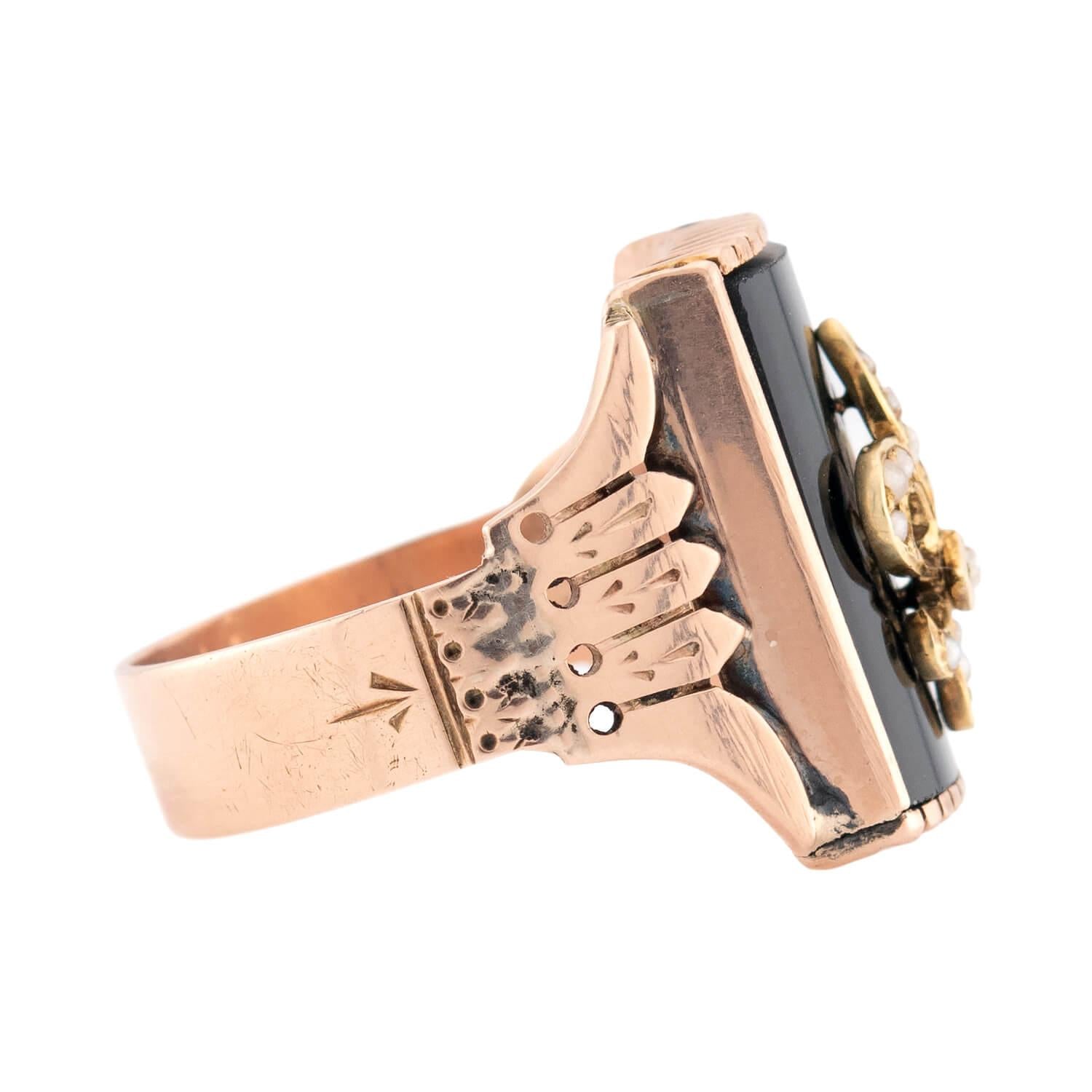 Victorian 10k Onyx & Pearl Fleur-De-Lis Ring