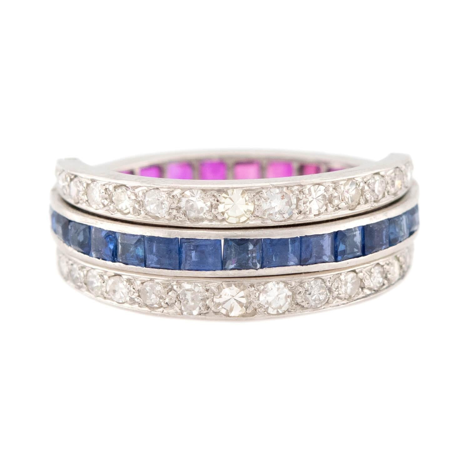 Edwardian Platinum Ruby, Sapphire, & Diamond "Flip" Ring
