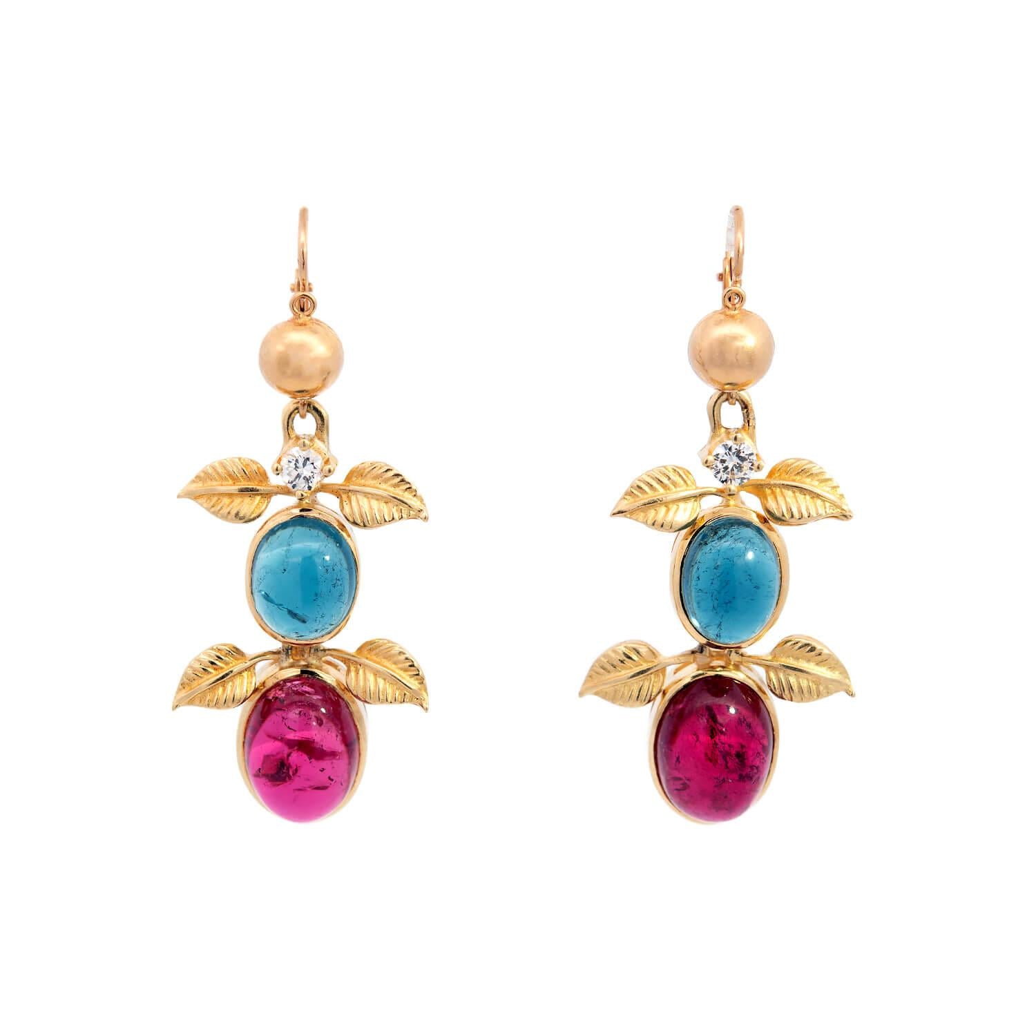 UNO A ERRE Estate 18k Tourmaline, Rubellite, and Diamond Foliage Drop Earrings