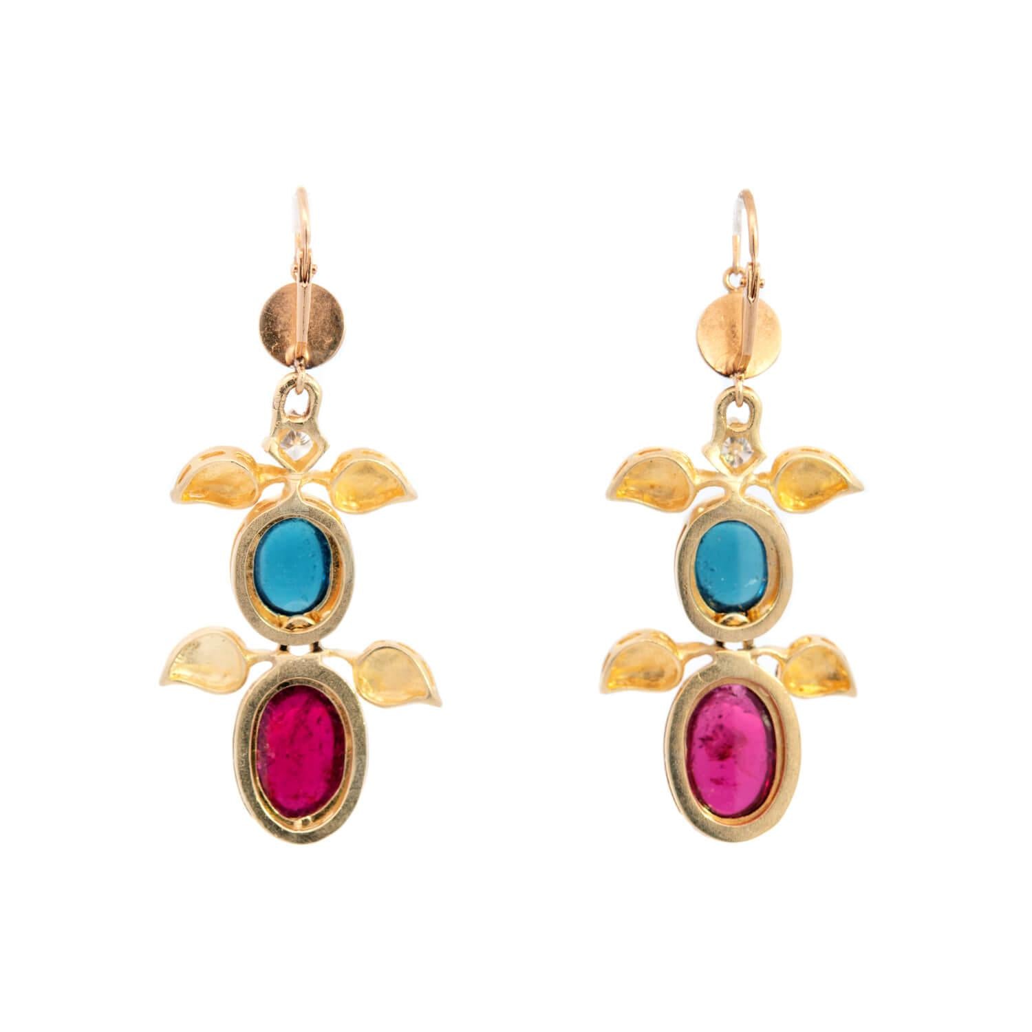 UNO A ERRE Estate 18k Tourmaline, Rubellite, and Diamond Foliage Drop Earrings