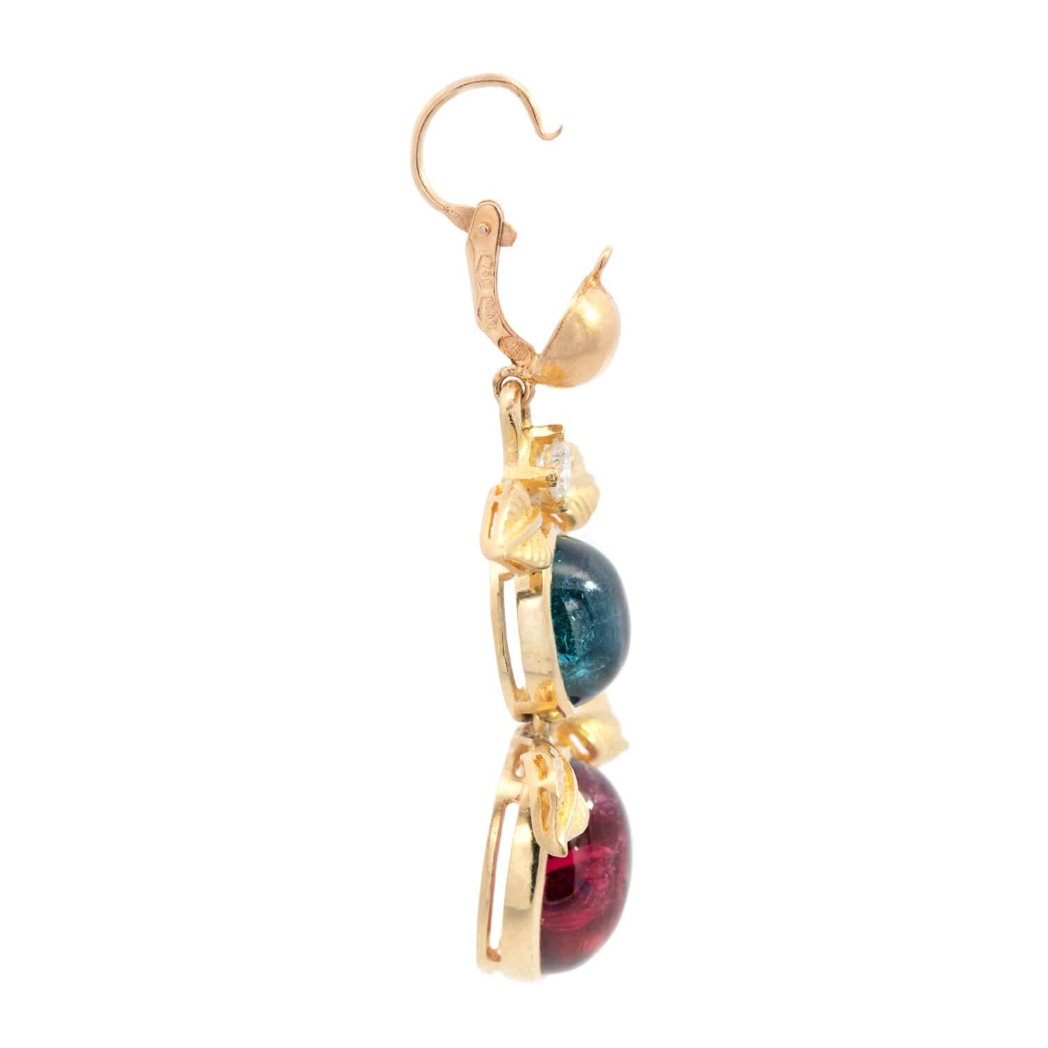 UNO A ERRE Estate 18k Tourmaline, Rubellite, and Diamond Foliage Drop Earrings