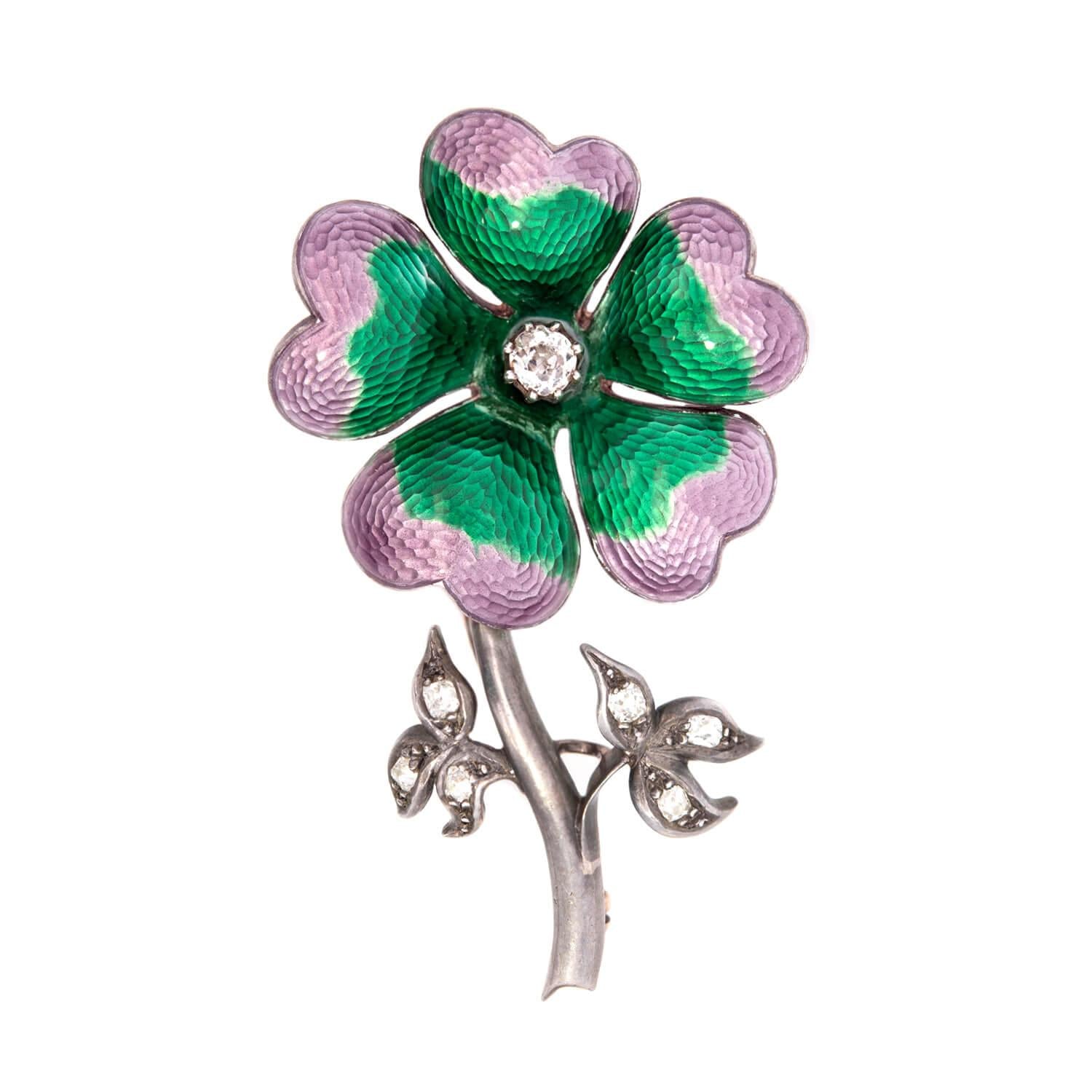 Art Deco 14k/Sterling Silver Diamond and Enamel Flower Pin