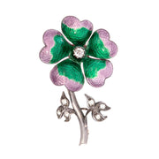 Art Deco 14k/Sterling Silver Diamond and Enamel Flower Pin