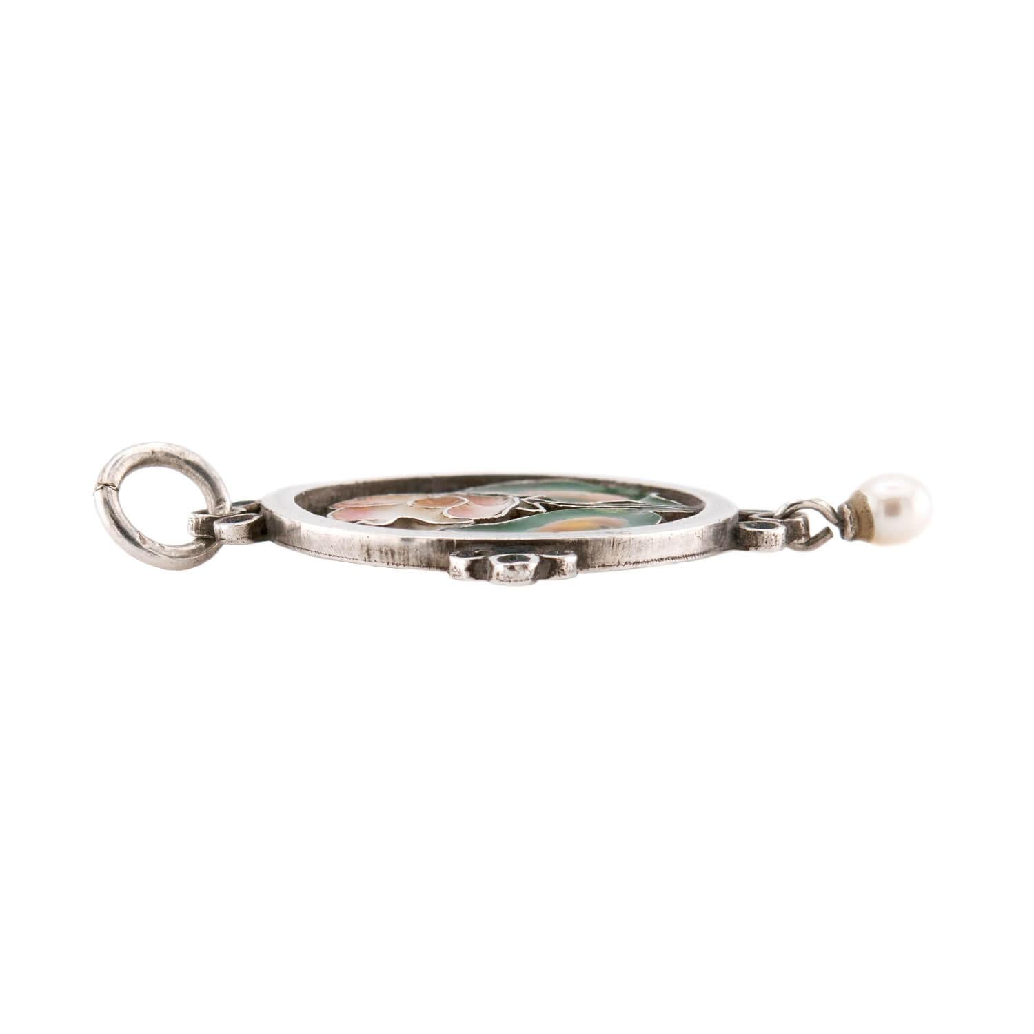 Art Nouveau Sterling Silver Enamel & Pearl Floral-Motif Pendant/Charm