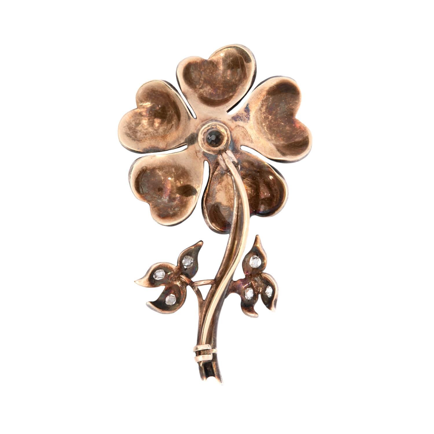 Art Deco 14k/Sterling Silver Diamond and Enamel Flower Pin