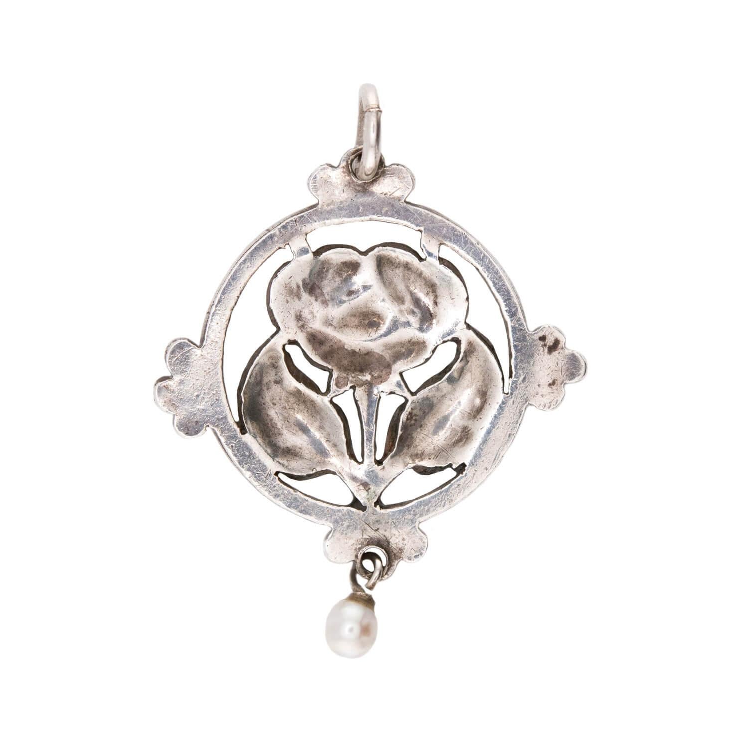 Art Nouveau Sterling Silver Enamel & Pearl Floral-Motif Pendant/Charm