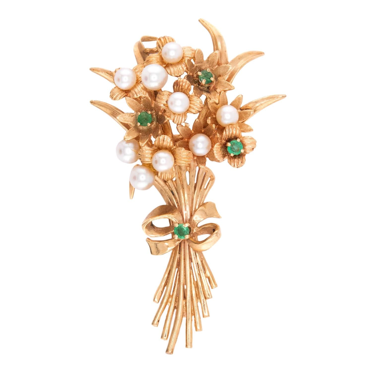 Retro 14k Pearl & Emerald Flower Bouquet Pin