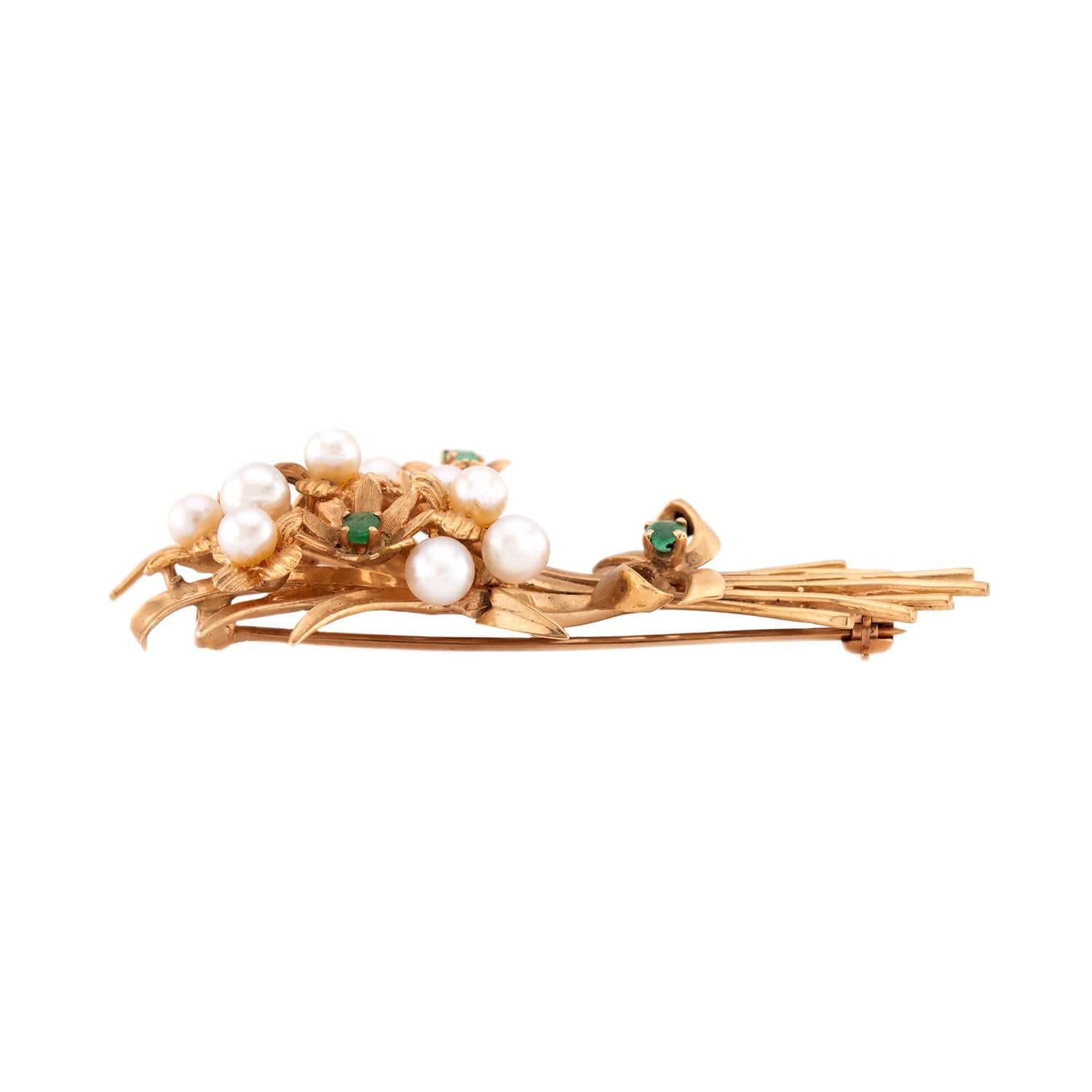 Retro 14k Pearl & Emerald Flower Bouquet Pin