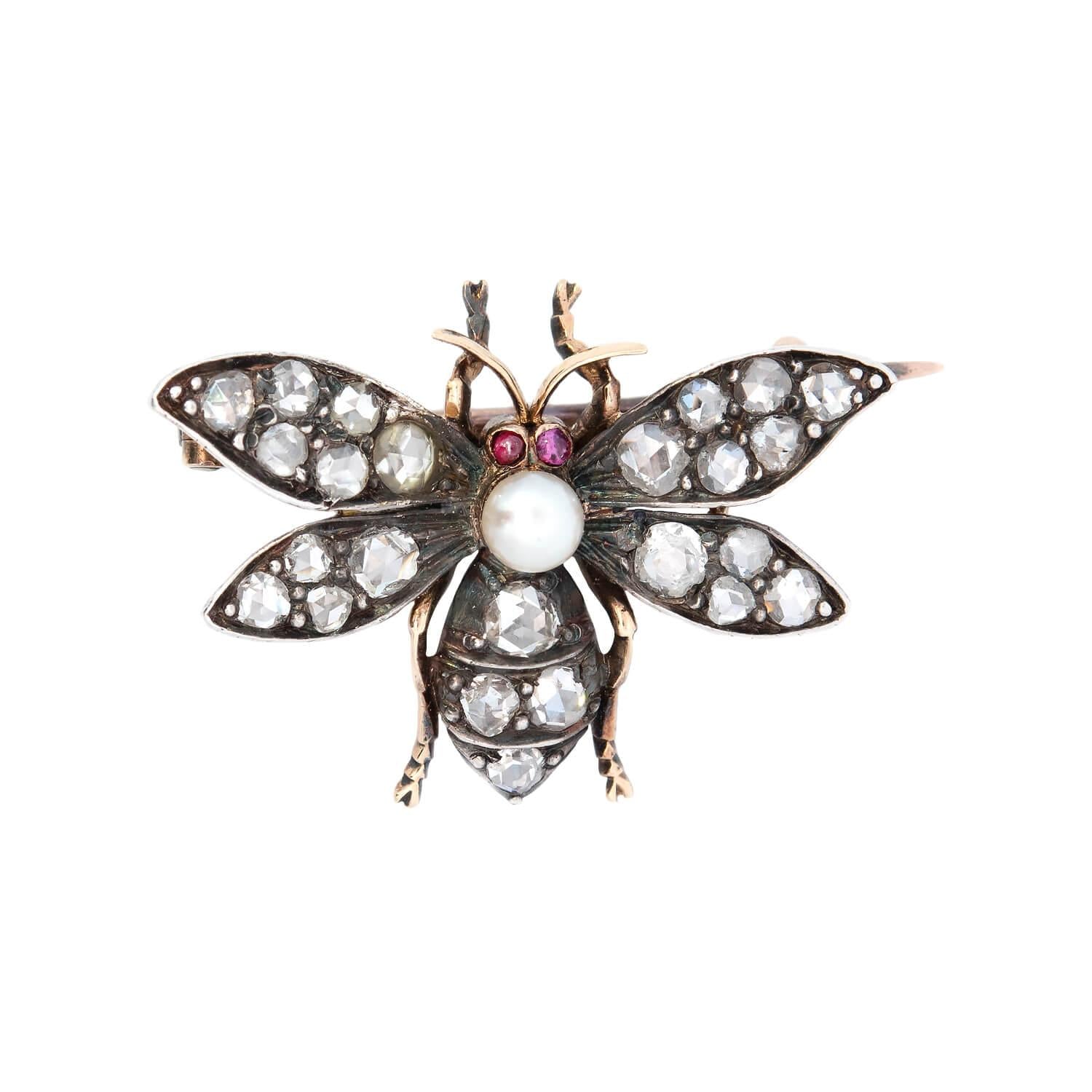 Victorian 14k/Sterling Silver Diamond, Pearl, and Ruby Fly Pin