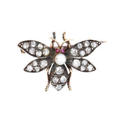 Victorian 14k/Sterling Silver Diamond, Pearl, and Ruby Fly Pin