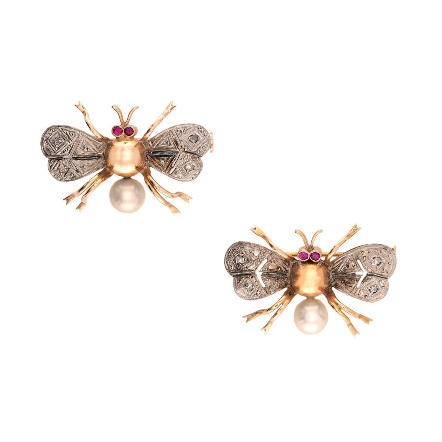 Art Nouveau 14k/Platinum Ruby, Pearl, & Diamond Bug Pin Set