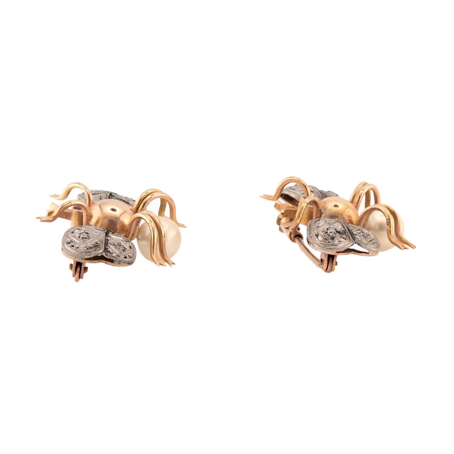 Art Nouveau 14k/Platinum Ruby, Pearl, & Diamond Bug Pin Set