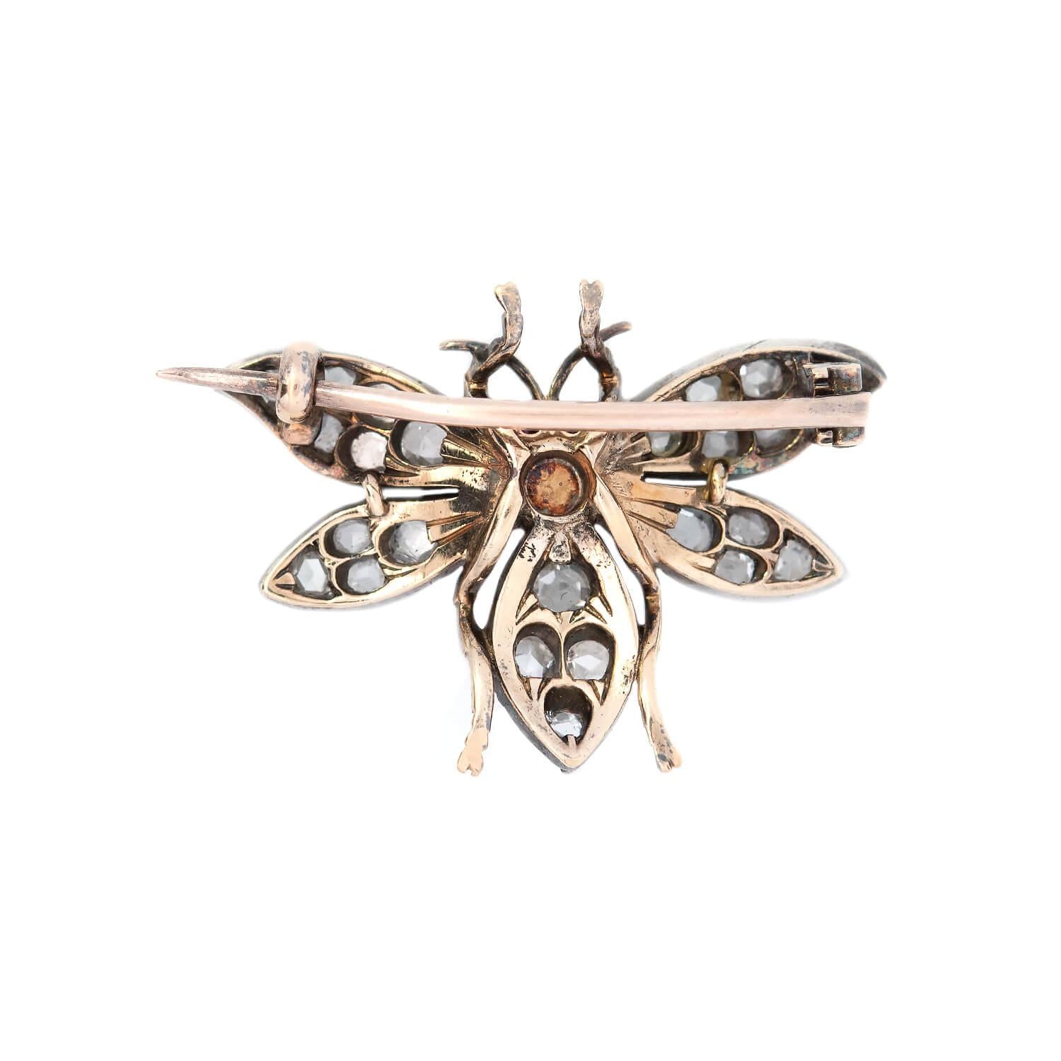 Victorian 14k/Sterling Silver Diamond, Pearl, and Ruby Fly Pin