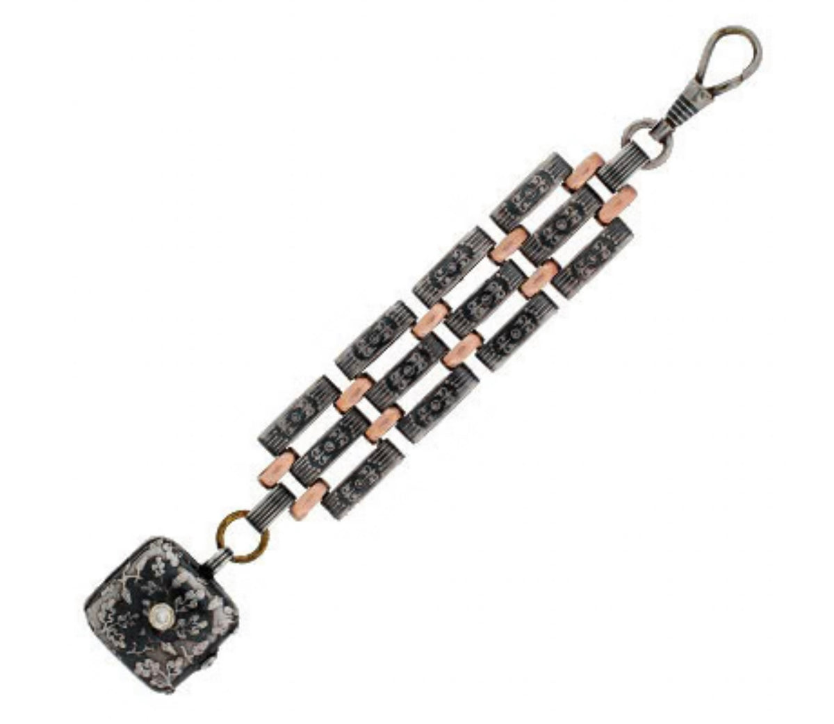 Victorian Sterling & 9kt Gold Niello Link Fob/Locket