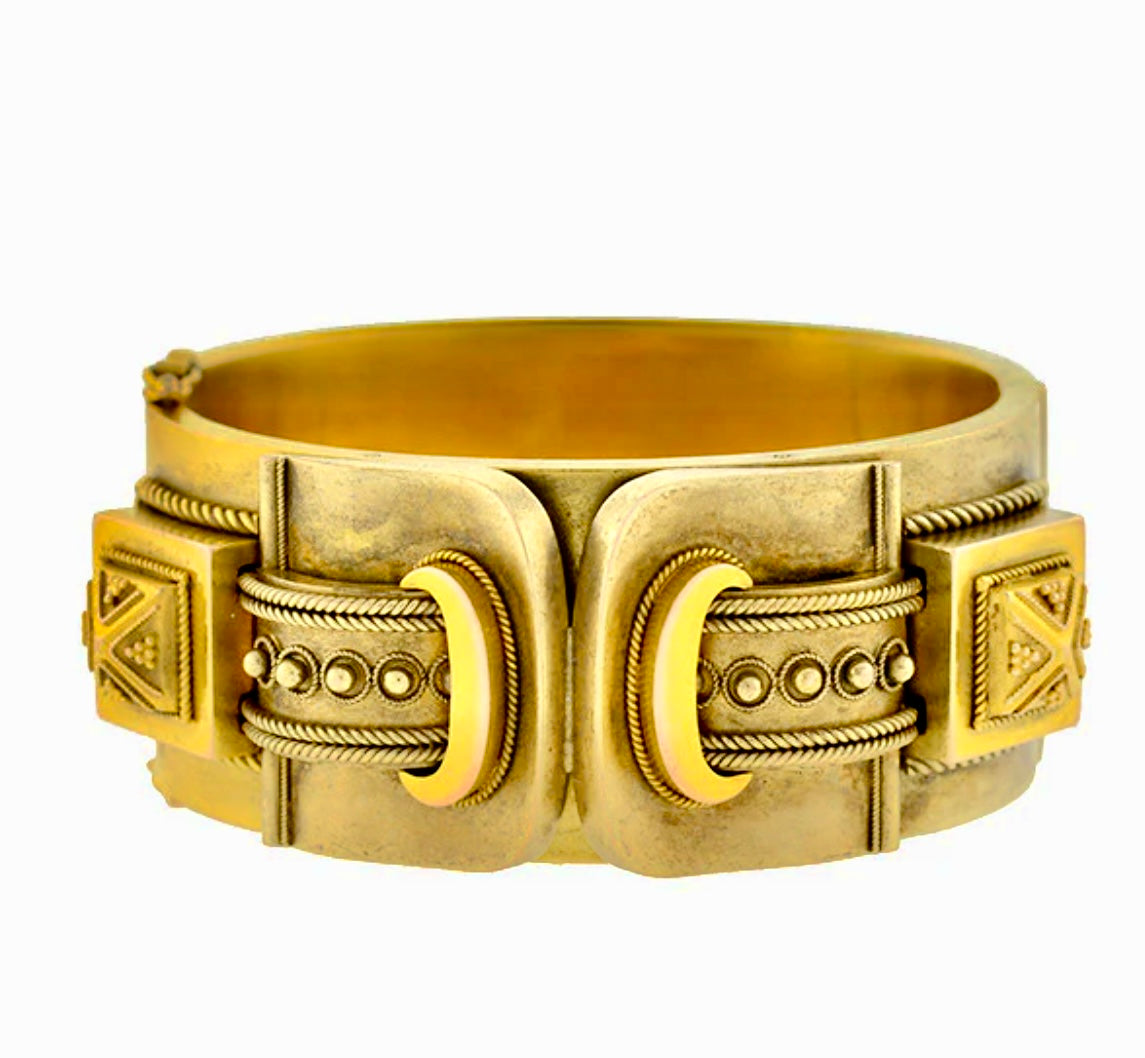 Victorian 15kt Double Buckle Etruscan Bangle Bracelet