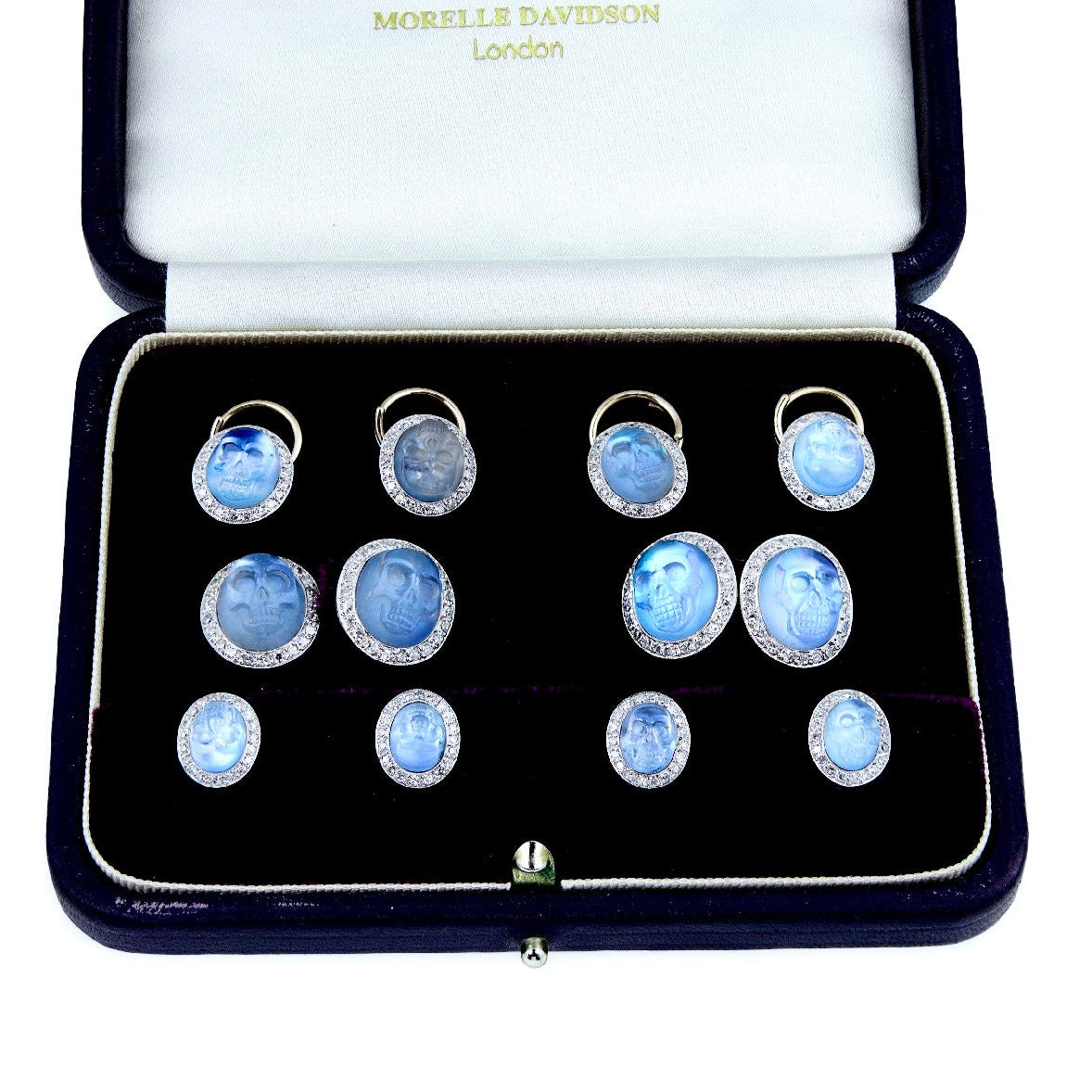 MORELLE DAVIDSON Estate 14k/Platinum Moonstone Skull-Motif 10-Piece Cufflink Set
