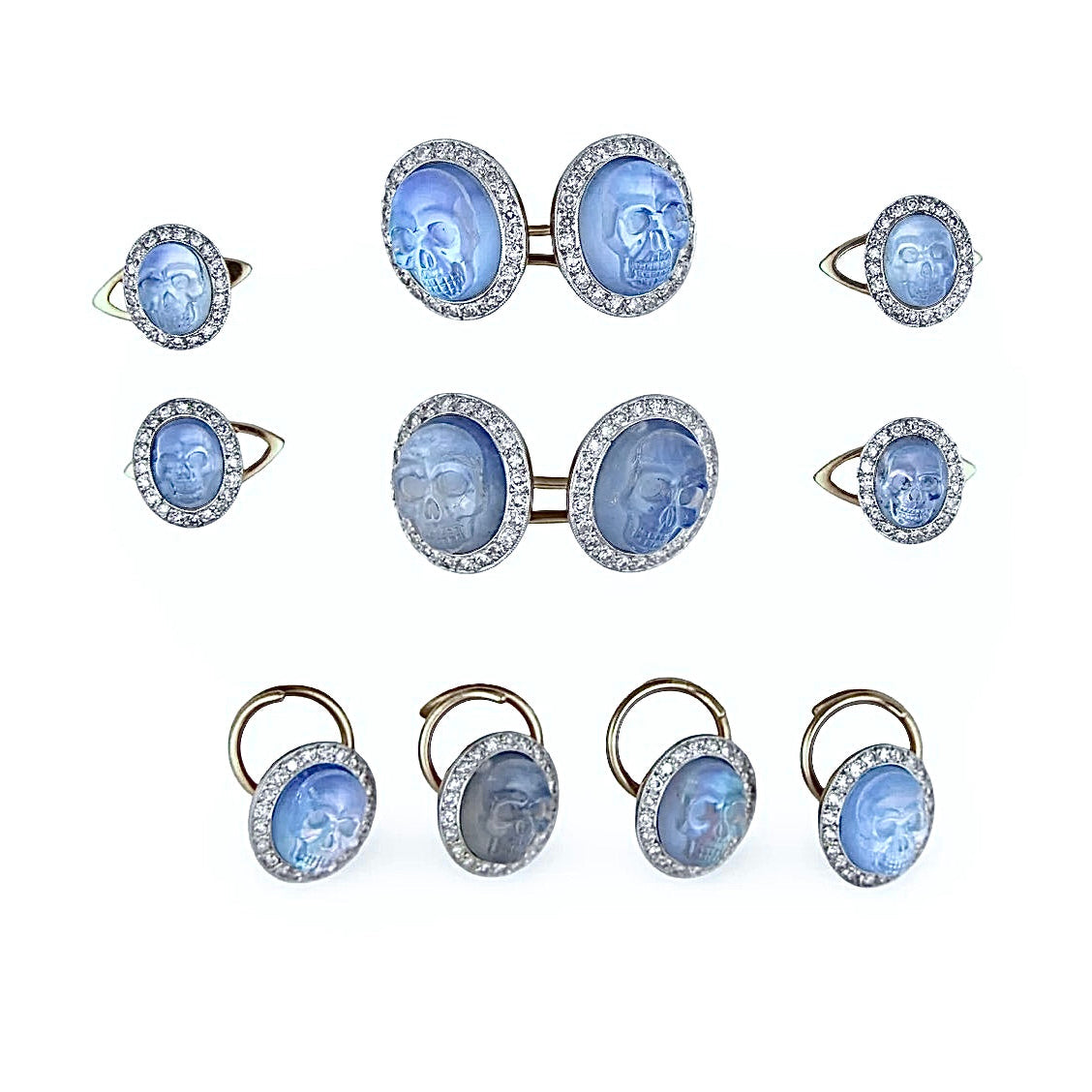 MORELLE DAVIDSON Estate 14k/Platinum Moonstone Skull-Motif 10-Piece Cufflink Set