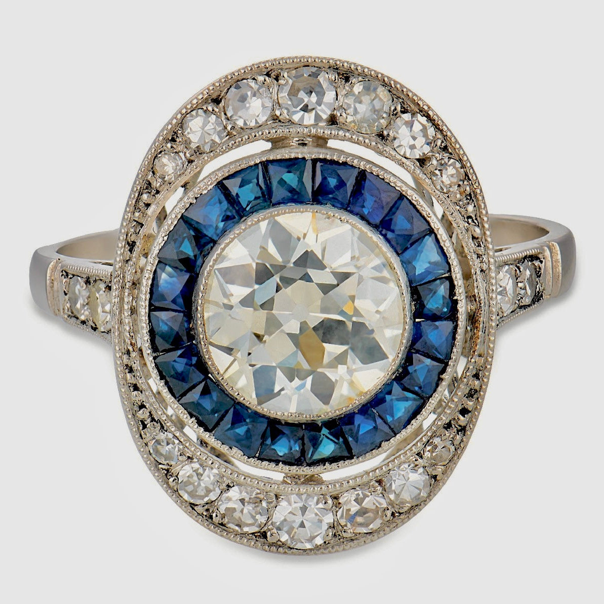 Art Deco Platinum Diamond & Sapphire Engagement Ring 1.65ct
