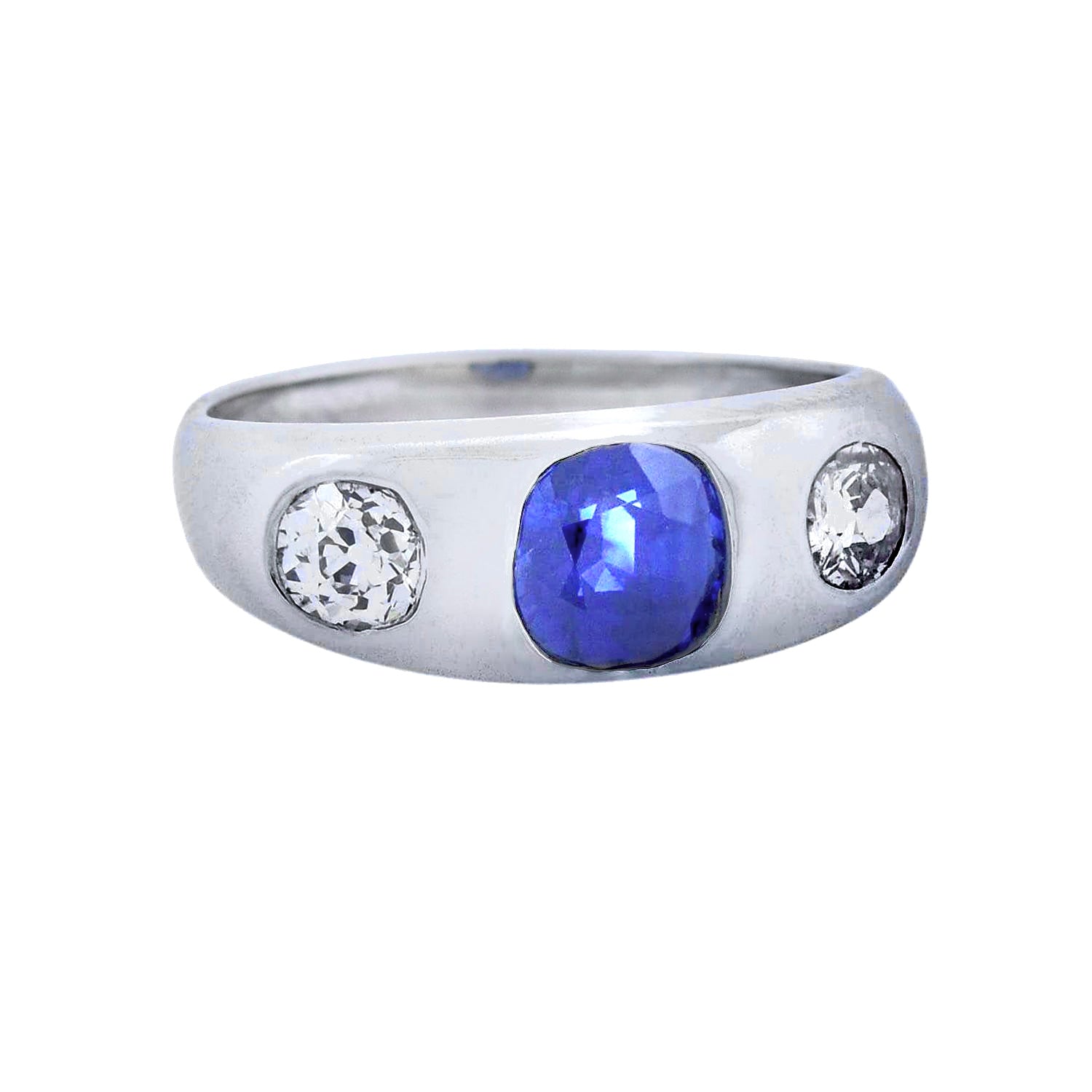 Edwardian Platinum 1.35ct Sapphire & Mine Cut Diamond Gypsy Ring