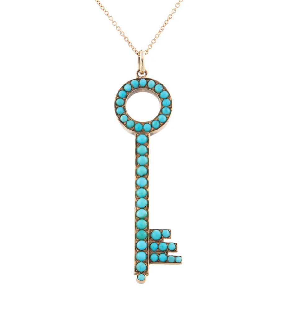 Victorian 14kt Rose Gold + Persian Turquoise Key Pendant Necklace