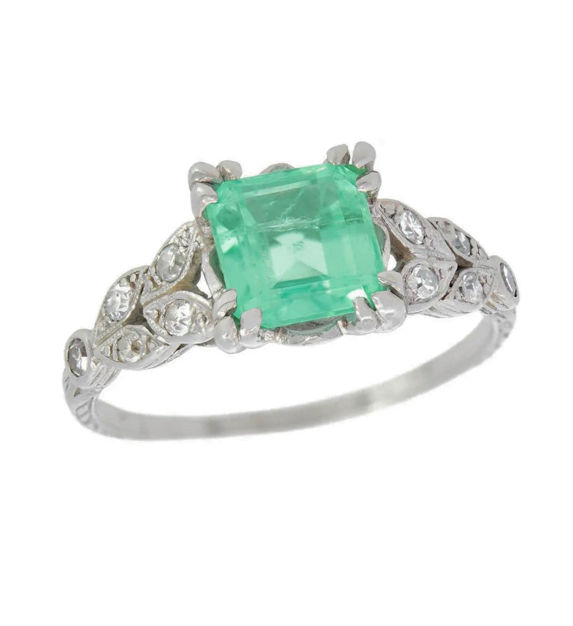 Art Deco Platinum Emerald and Diamond Engagement Ring 1.29ct