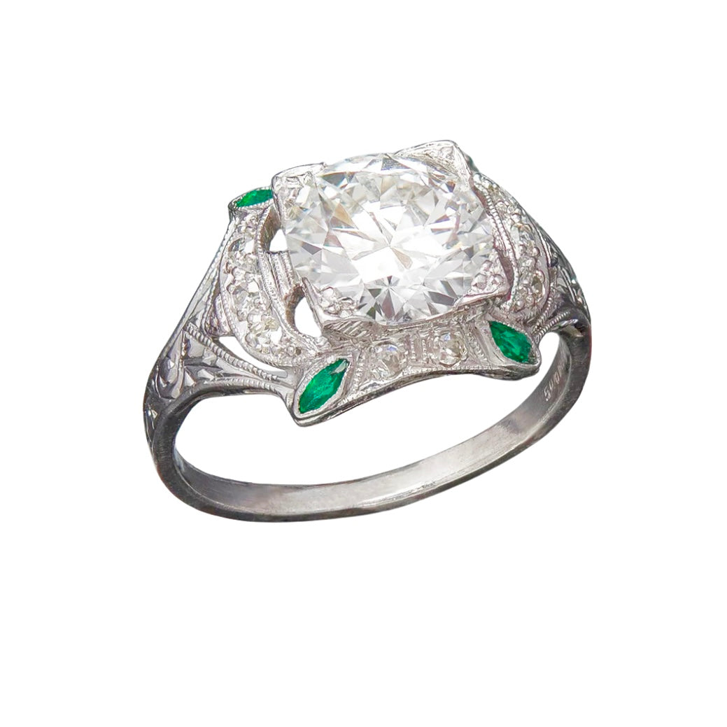 Art Deco Platinum Diamond + Emerald Engagement Ring 1.78ct