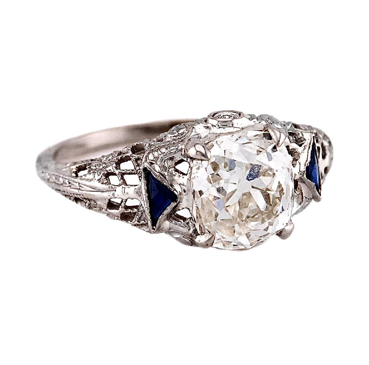 Art Deco 18k GIA Diamond & Sapphire Engagement Ring 2.23ct