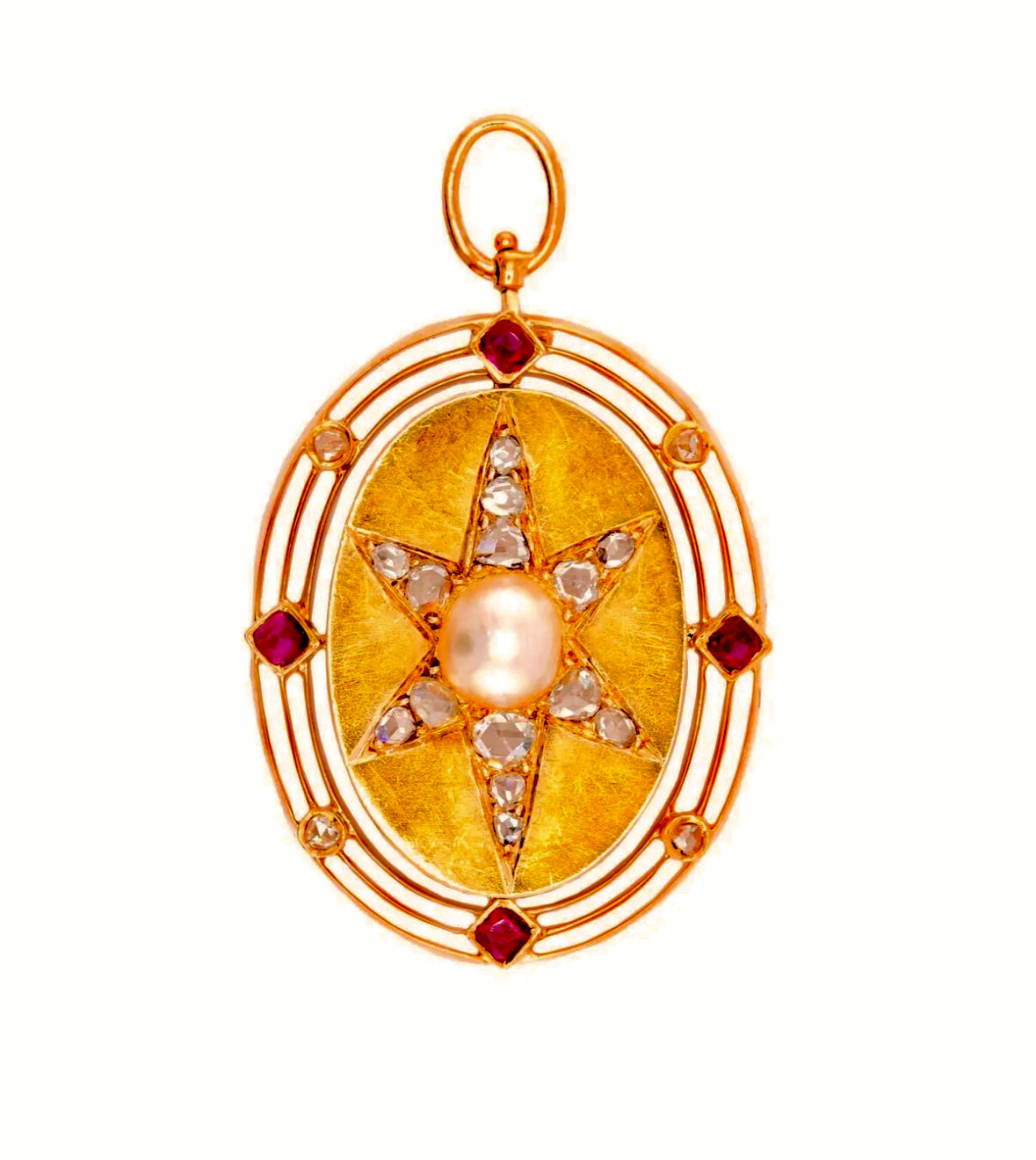 Victorian 14k Diamond, Ruby & Pearl Starburst Pendant