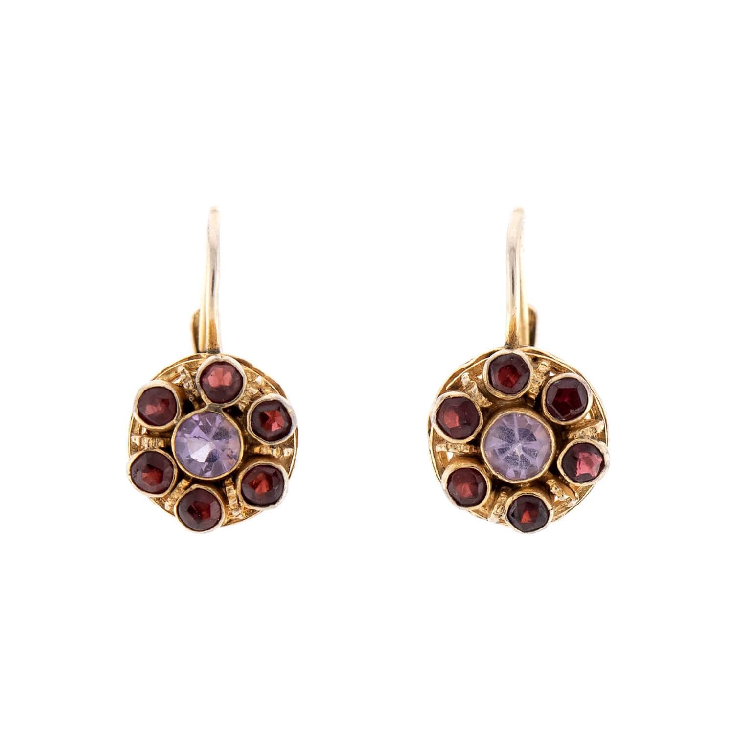 Victorian Sterling Silver Amethyst & Garnet Floral Earrings