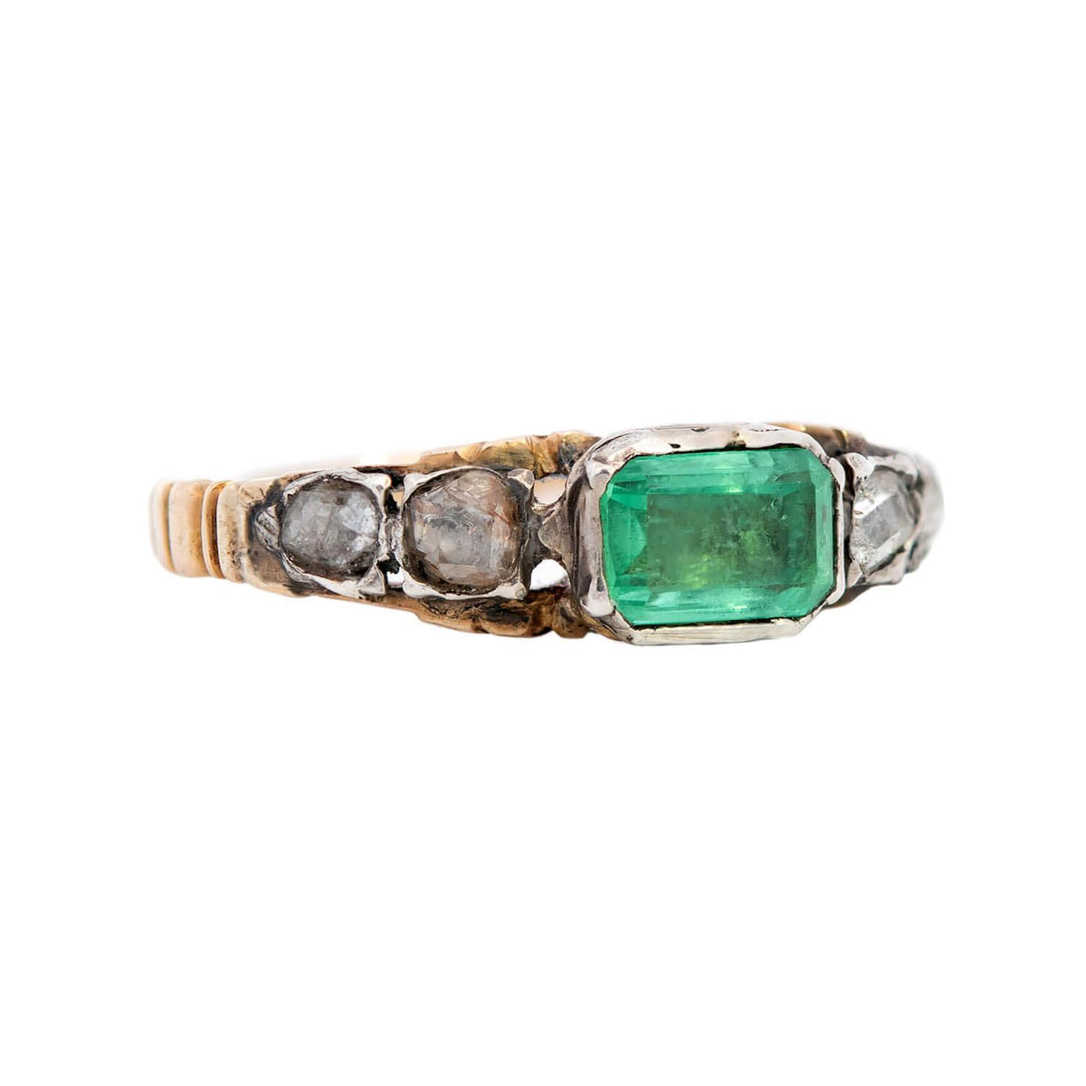 Georgian 18k/Sterling Silver Emerald and Rose Cut Diamond Engagement Ring