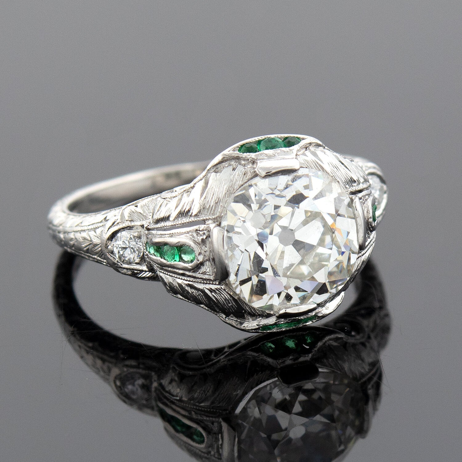 Art Deco Platinum Diamond + Emerald Engagement Ring 2.36ctw Center