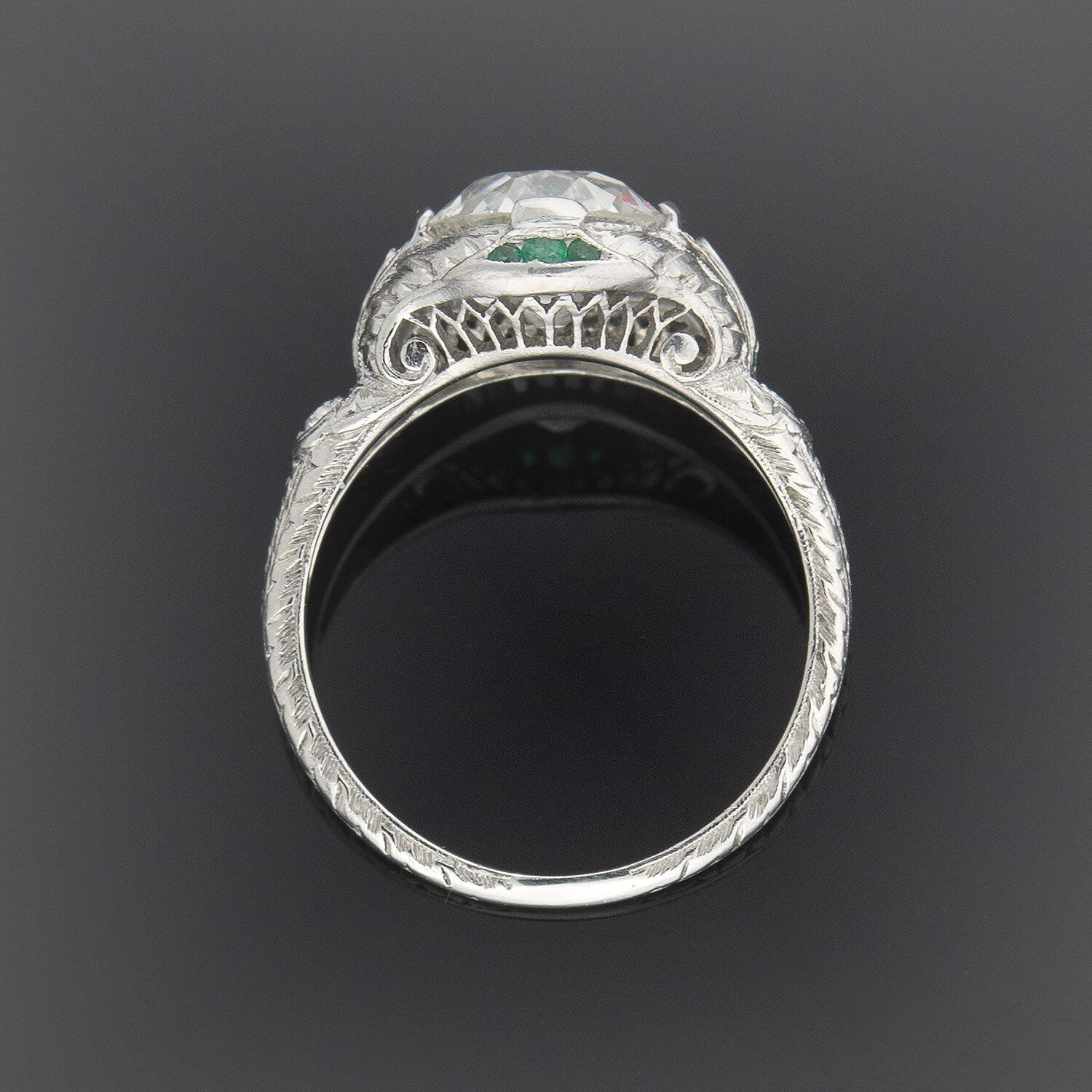 Art Deco Platinum Diamond + Emerald Engagement Ring 2.36ctw Center