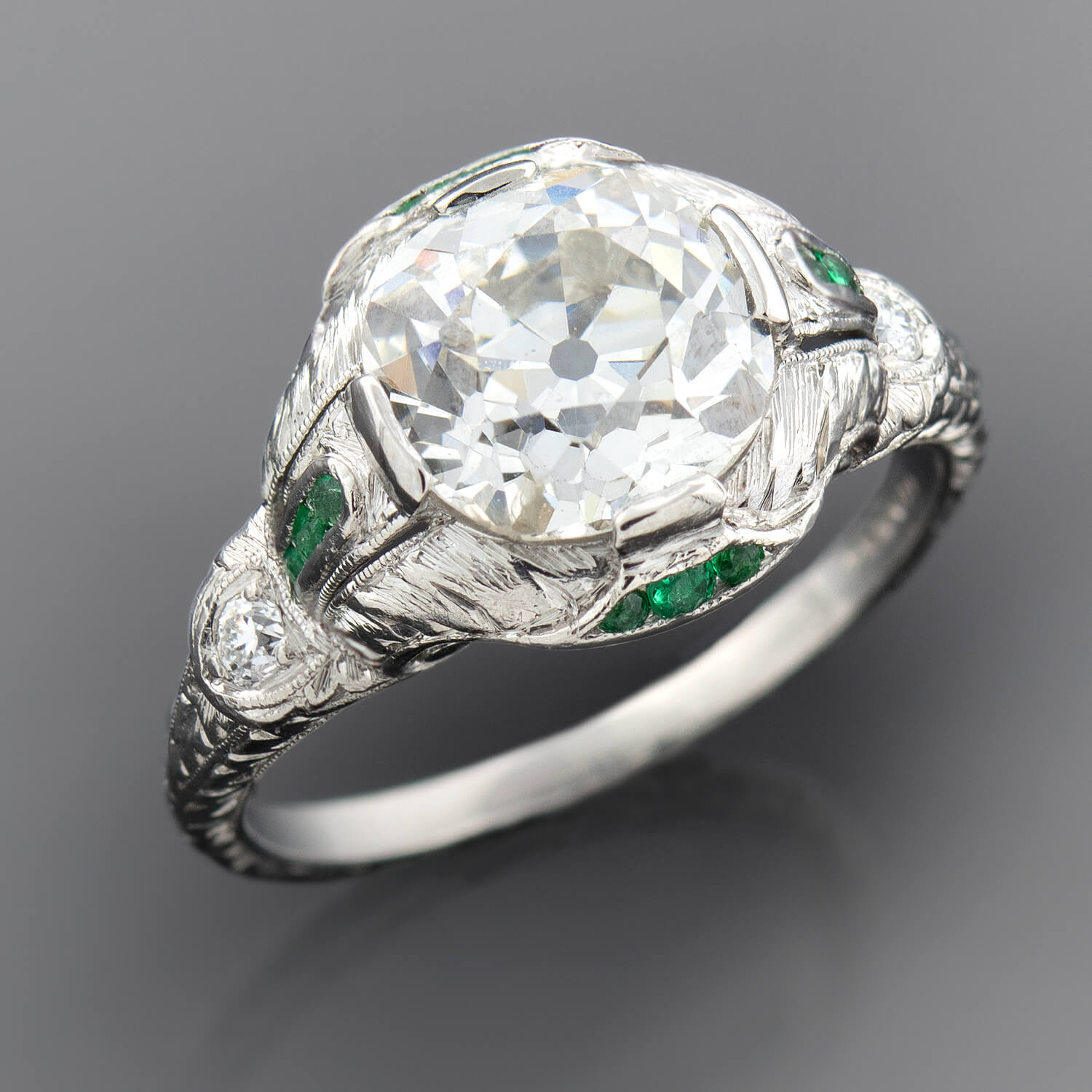 Art Deco Platinum Diamond + Emerald Engagement Ring 2.36ctw Center