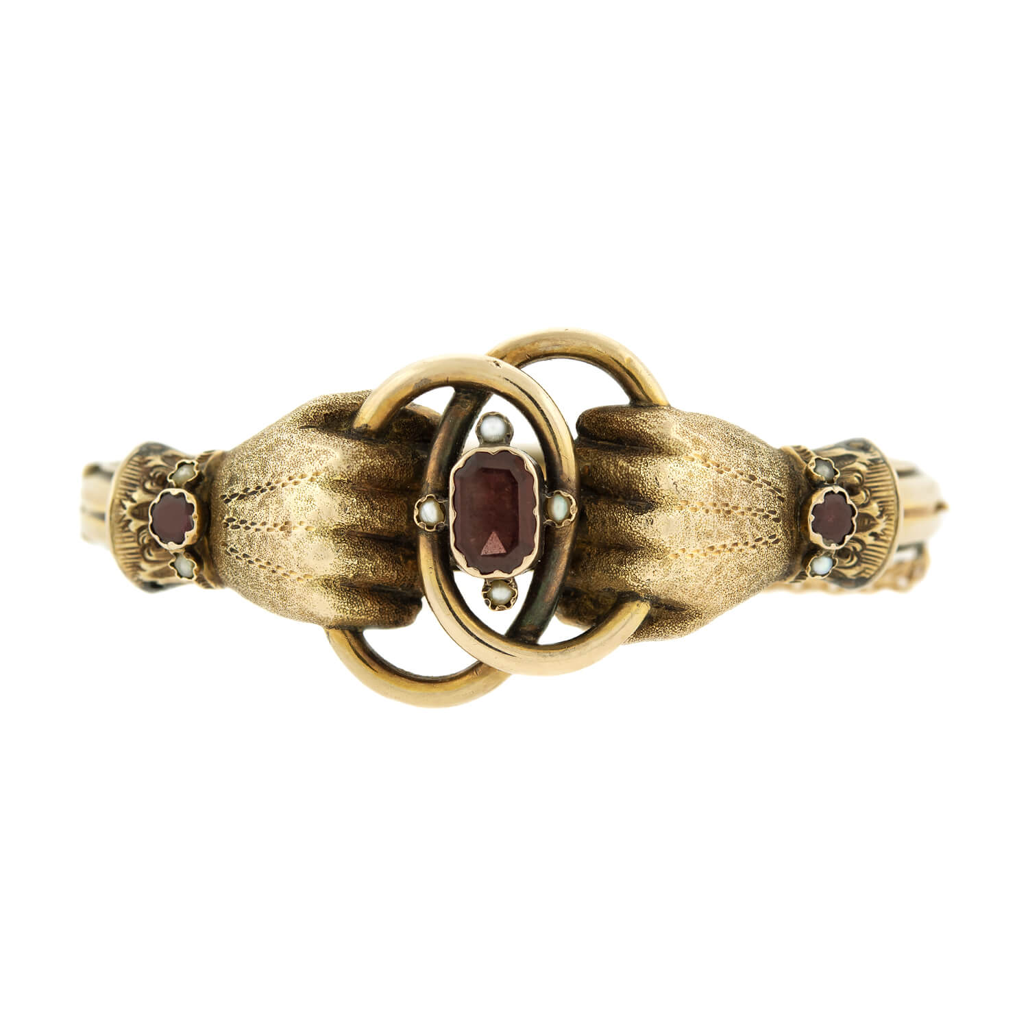 Victorian 14k Pearl + Garnet Hands Bangle Bracelet