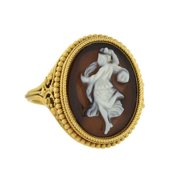 Victorian 18kt Hardstone Agate Cameo "Dancing Muse" Filigree Ring