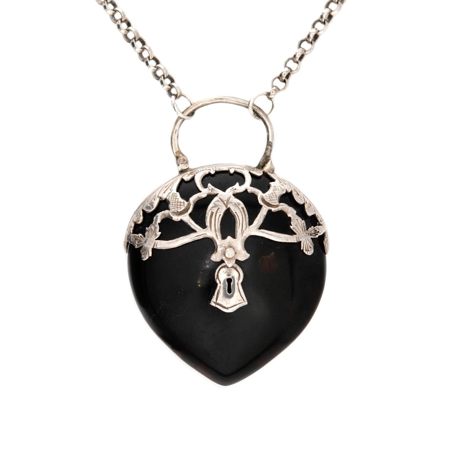 Victorian Sterling Silver Carved Horn Padlock Pendant Necklace