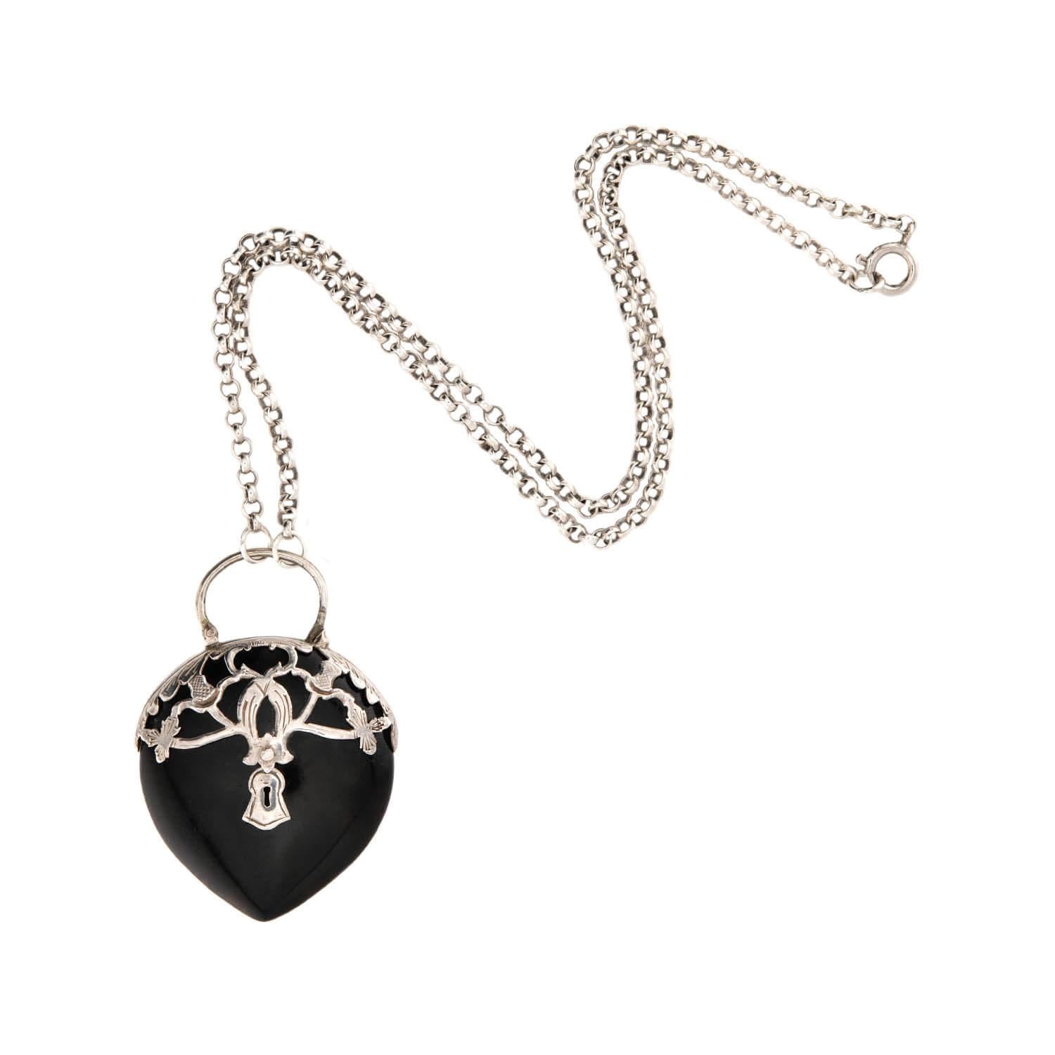 Victorian Sterling Silver Carved Horn Padlock Pendant Necklace