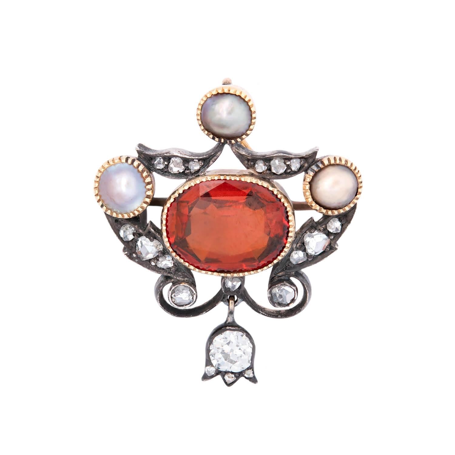 Victorian 18k/Sterling Silver Hessonite Garnet, Diamond, and Pearl Pin/Pendant