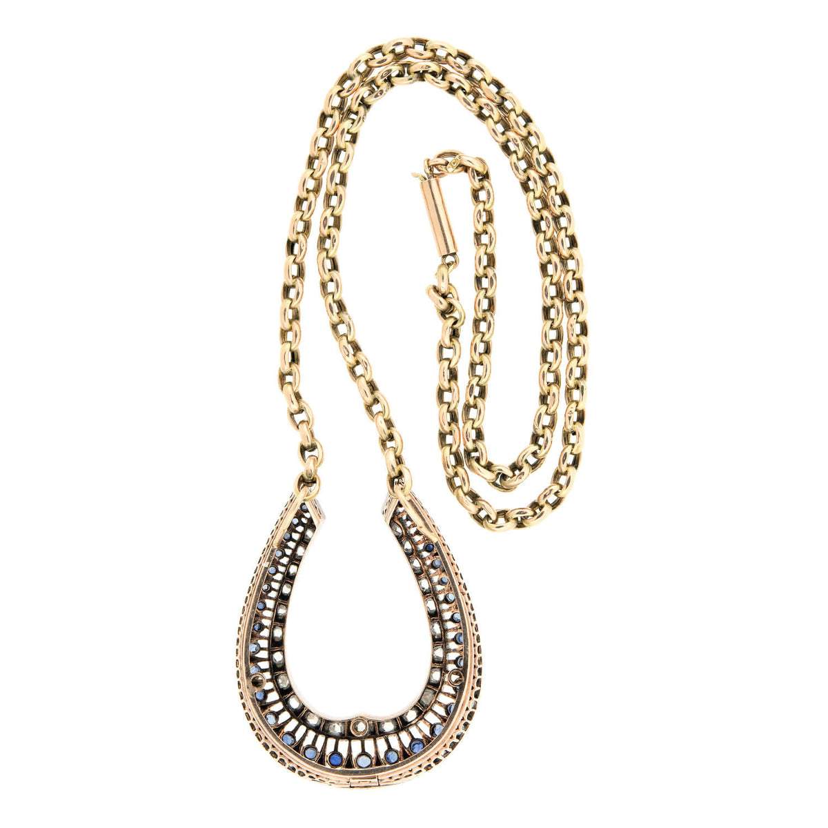 Edwardian 18k/Platinum Sapphire + Rose Cut Diamond Horseshoe Pendant Necklace