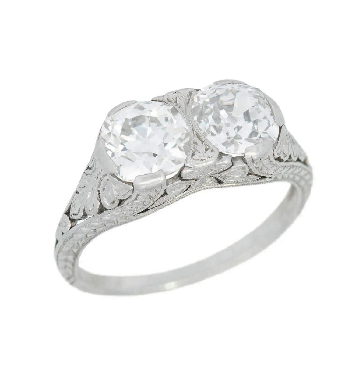 Art Deco Platinum Diamond 2 Stone Engagement Ring 2.20ctw