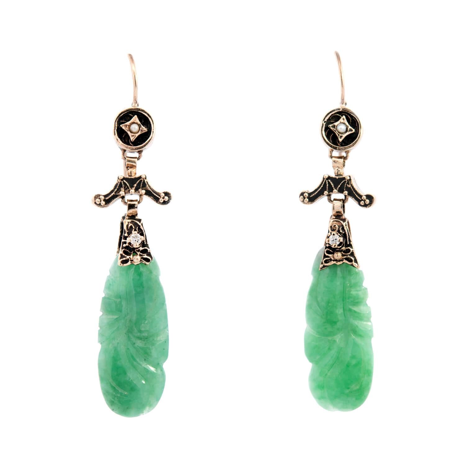 Art Deco 14k Carved Jade Dangle Earrings