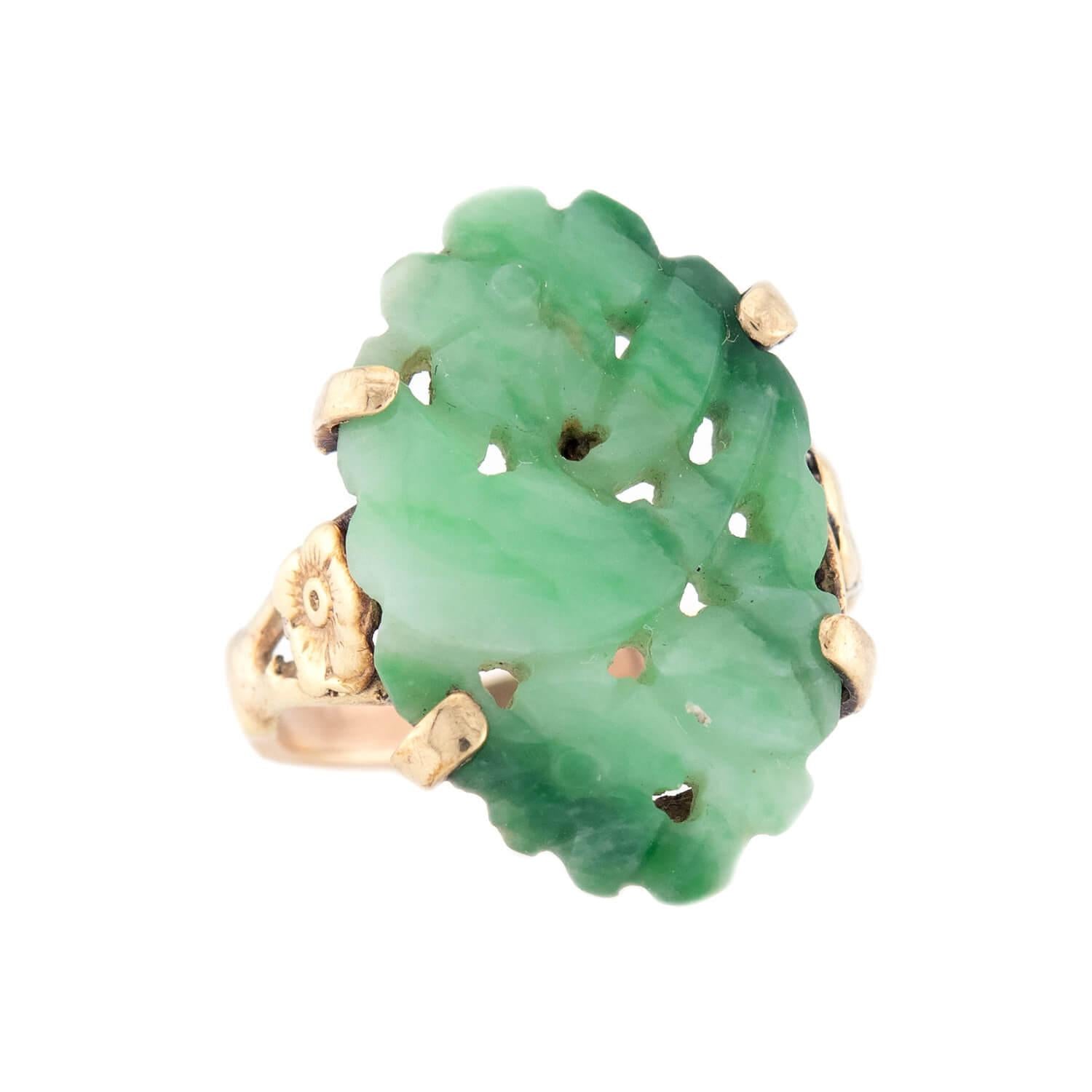 Art Nouveau 14k Carved Jade Ring