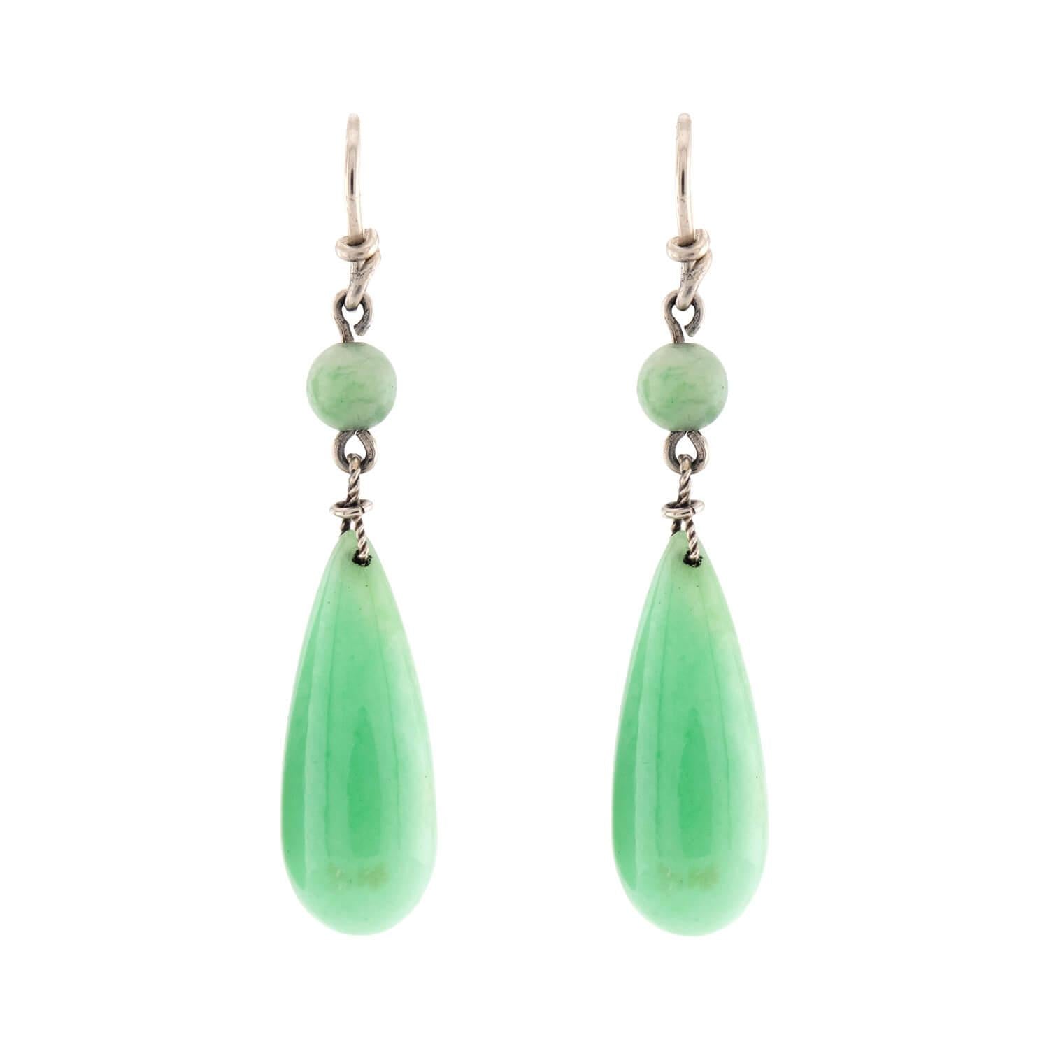 Art Deco Sterling Silver Jade Drop Earrings