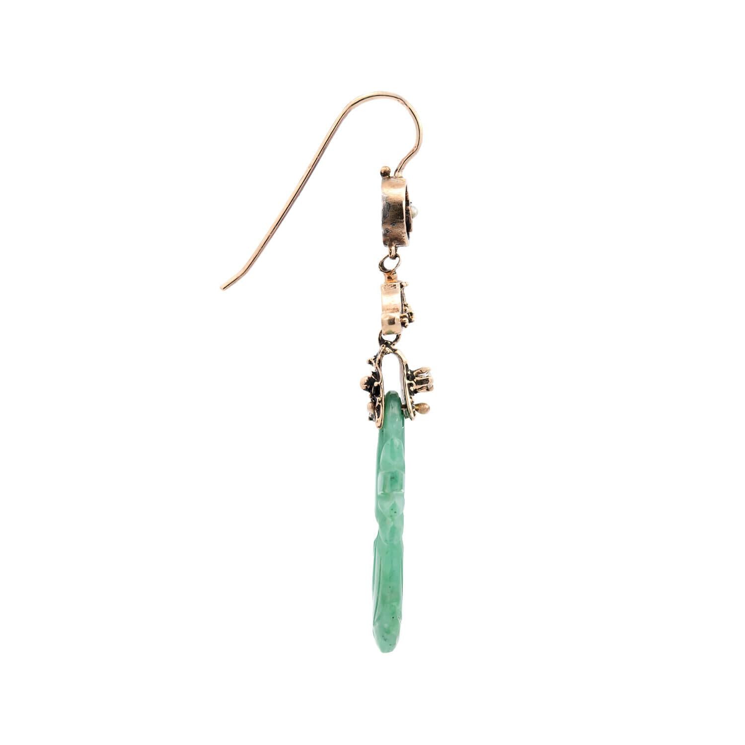 Art Deco 14k Carved Jade Dangle Earrings